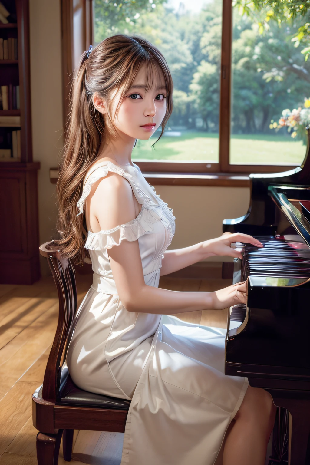 ((Top image quality、8K、​masterpiece：1.3))、Realistic high-quality photos、top-quality、a  girl、piano、mystical