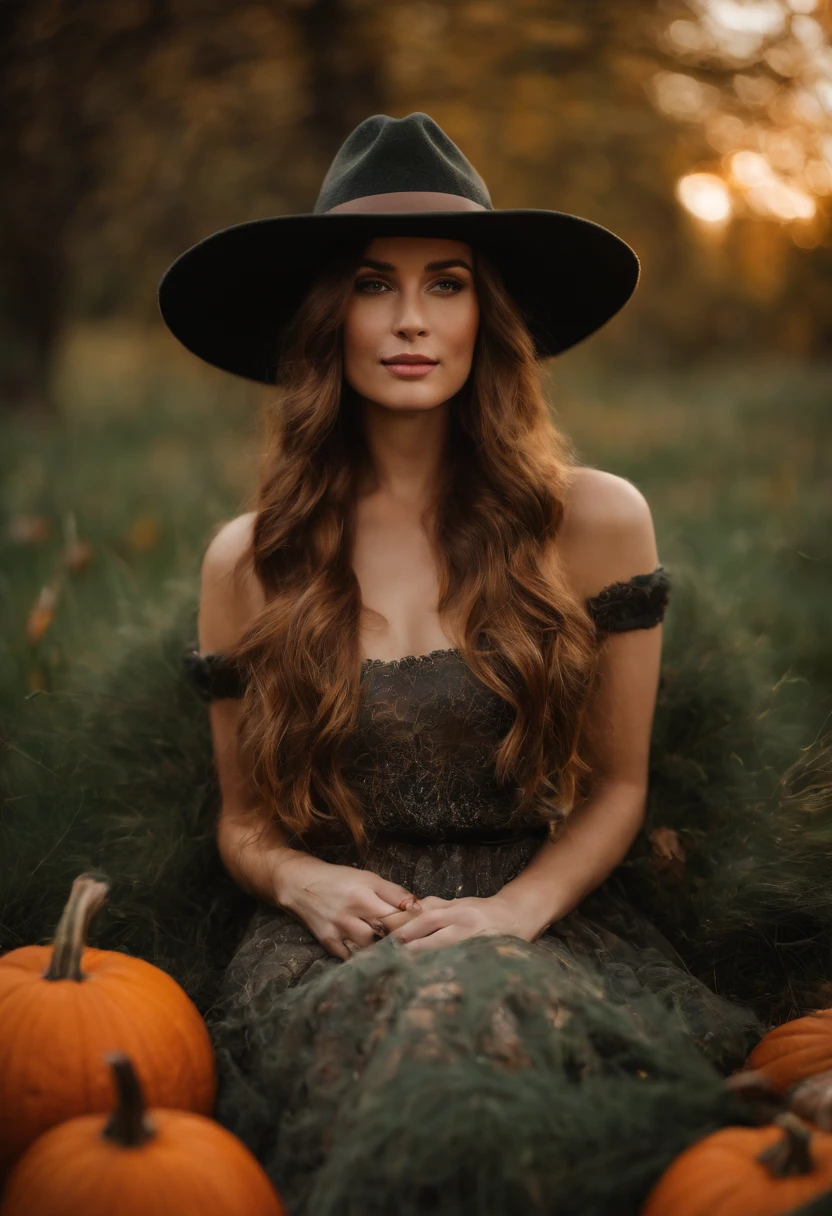 Fluffy long hair cow,fall,witch hat,pumpkins,(best quality,4k,8k,highres,masterpiece:1.2),ultra-detailed,realistic:1.37,illustration,textured,crisp focus,autumn colors,warm lighting,serene atmosphere,whimsical,overcast sky,harvest season,Pumpkin Spice Latte