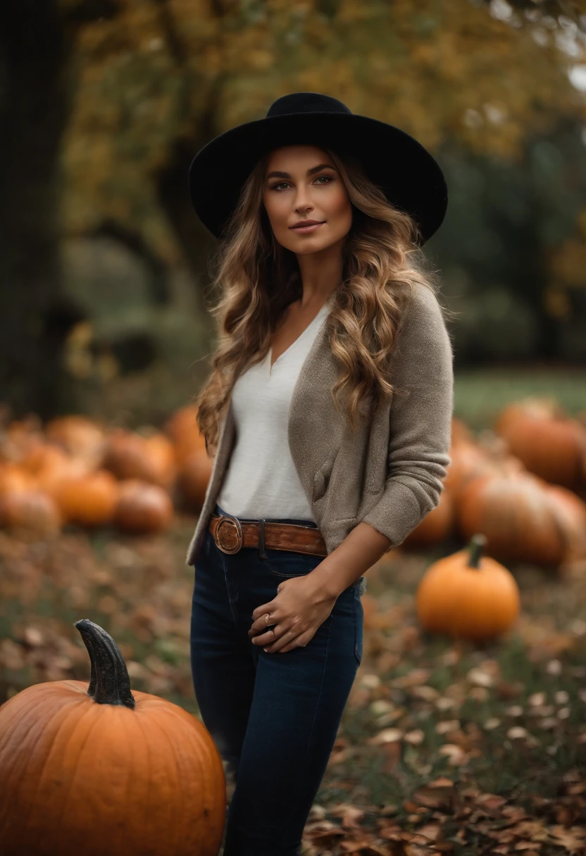 Fluffy long hair cow,fall,witch hat,pumpkins,(best quality,4k,8k,highres,masterpiece:1.2),ultra-detailed,realistic:1.37,illustration,textured,crisp focus,autumn colors,warm lighting,serene atmosphere,whimsical,overcast sky,harvest season,Pumpkin Spice Latte