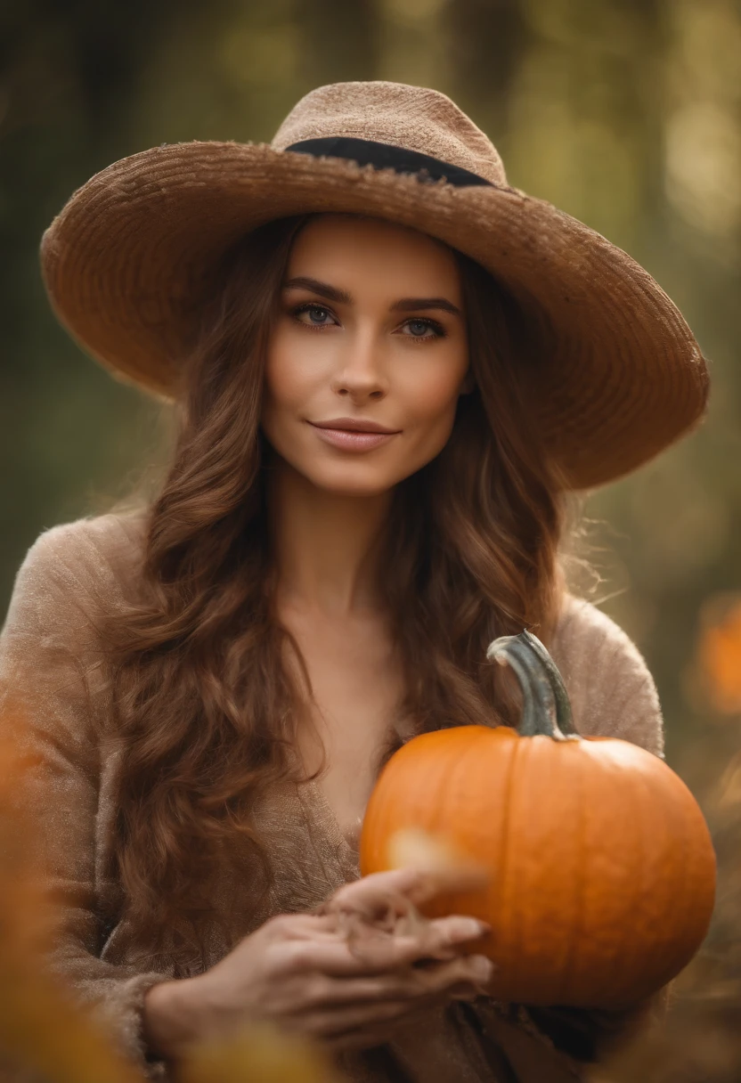 Fluffy long hair cow,fall,witch hat,pumpkins,(best quality,4k,8k,highres,masterpiece:1.2),ultra-detailed,realistic:1.37,illustration,textured,crisp focus,autumn colors,warm lighting,serene atmosphere,whimsical,overcast sky,harvest season,Pumpkin Spice Latte