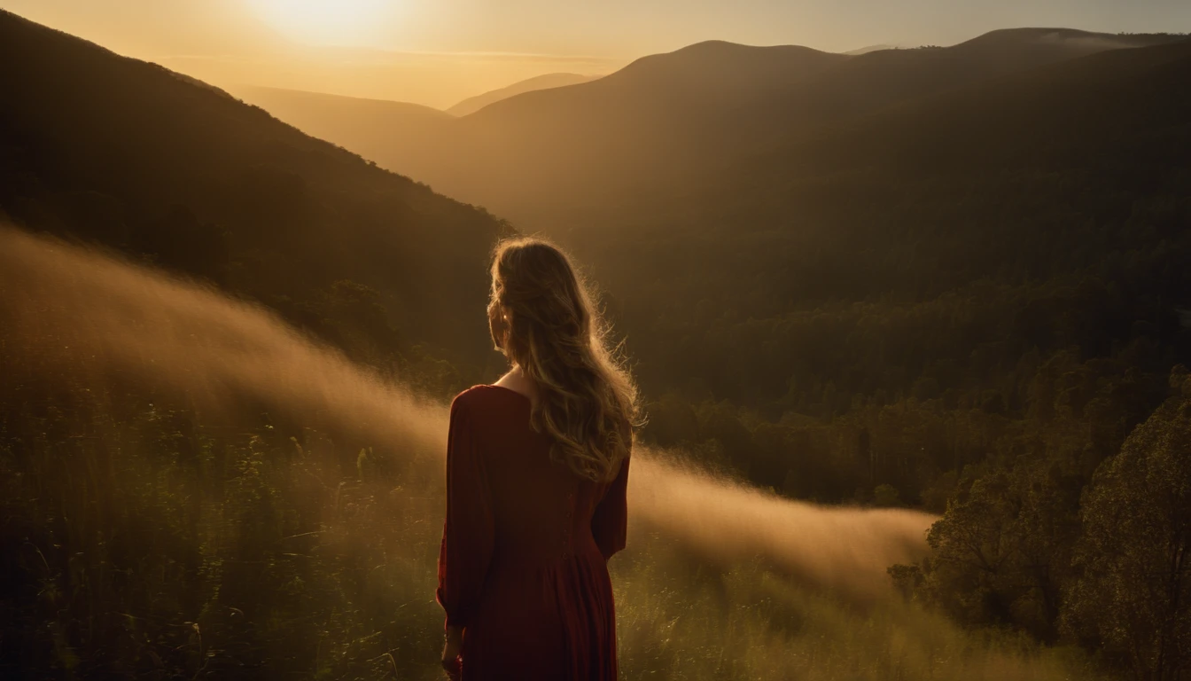 Create a modern, high-definition image of a 35 year old Canadian Australian woman with long brown hair wearing hiking clothes, standing on top of a hill, surrounded by forest and a valley can be seen fading into the distance. The scene should exude a cinematic quality, with the valley bathed in soft morning light, and the mist adding an air of mystery and enchantment. The woman should embody a sense of wonder, joy and contentment. This image should seamlessly blend the elegance of woman with the cinematic magic of the forest, resulting in a visually captivating and emotionally resonant composition that transports viewers to a world natural beauty, extreme long shot, full body shot, high res, candid shot, masterpiece, award winning, masterpiece, modern quality image, detailed background, realistic, (landscape photo format), artistic, (shot from side to side:1.5), (full body shot:2), (hard :1.5)
