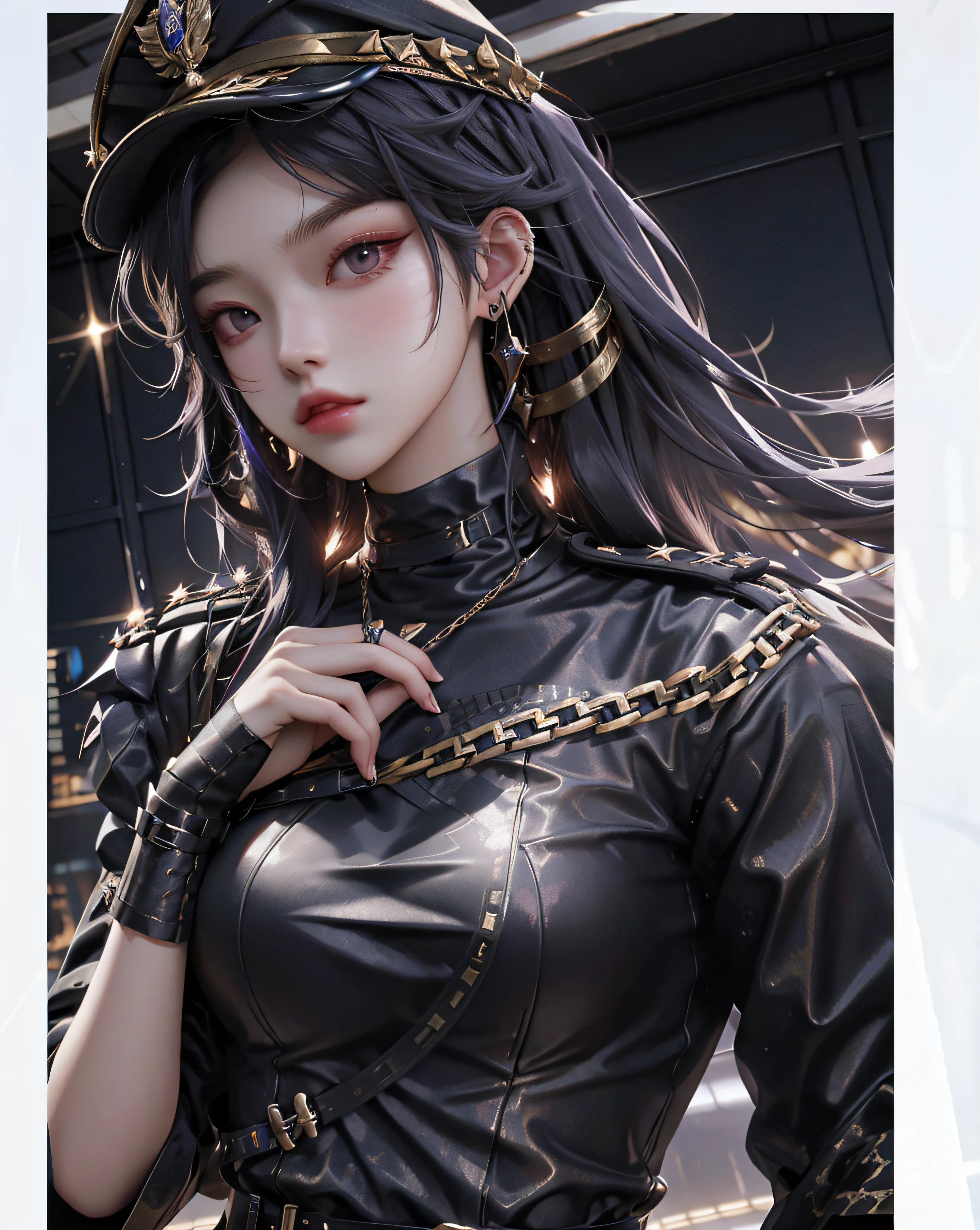 Ultra HD, 8K quality, A girl, Very long hair, Dark blur dress, Detailed eyes, Frontal capture, Unreal Engine 5,Wearing a military cap,Military uniform temptation