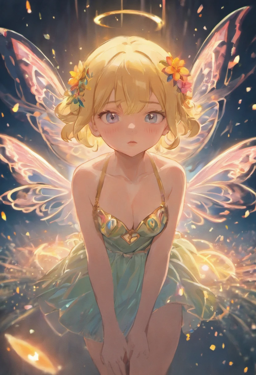 ln the forest，night moon，Mini cute 3 year old flower fairy, Chubby toot，Skirt made of petals，Huge flowers，Colorful colorful，Transparent colorful wings, Magic wand，closeup cleavage，Light attenuation，Glow effects，depth of fields，high light，Real light，Ray traching，oc rendered，Hyper-realistic，best qualtiy，8K，Works of masters，super-fine，Detailed pubic hair，Correct anatomy，sharp focus on eyes，Bokeh，Facial features are carefully depicted，in style of hayao miyazaki，Miyazaki animation style