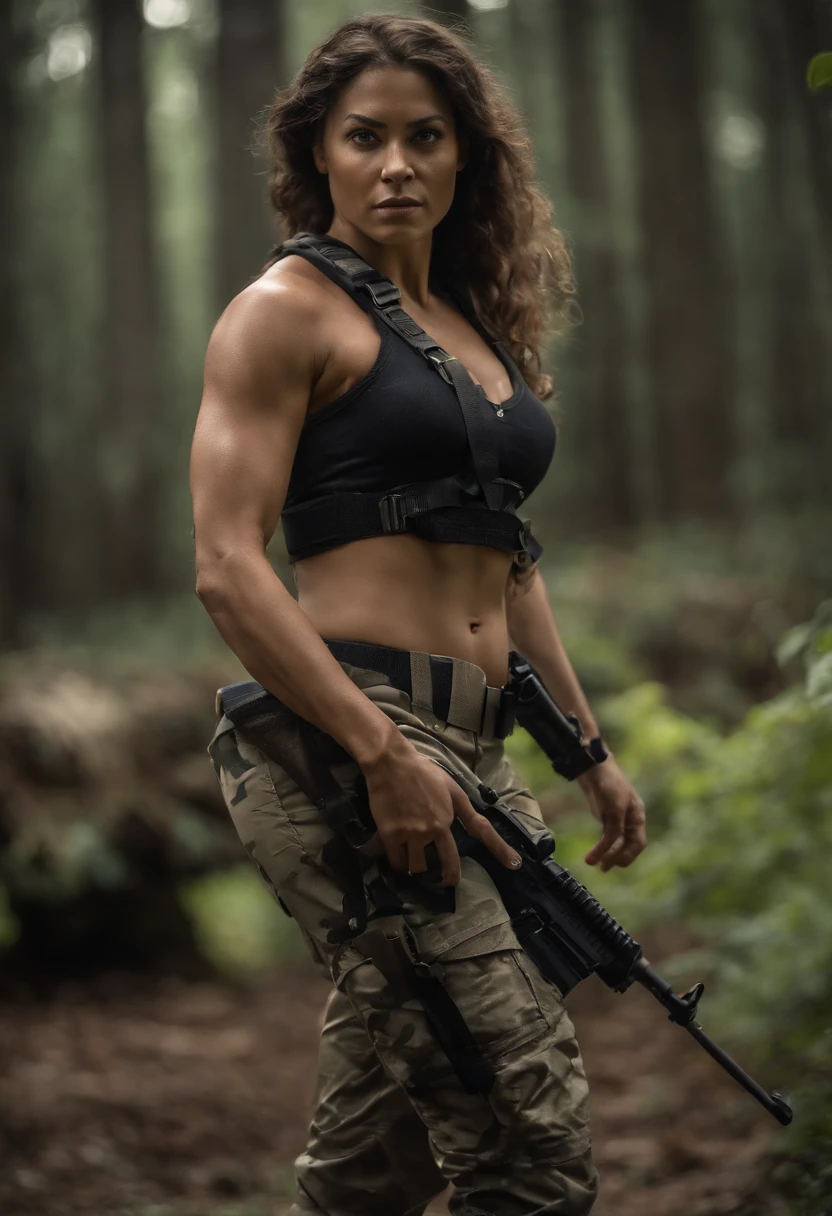 (melhor qualidade,alto:1.2),(ultra-detalhado),(Realistic:1.37),(HDR,UHD),(Physically-based rendering), Mulher morena baixa, com cabelo preso, fisiculturista, , Mulher do exercito,(muscular physique),(movimento desfocado),(Poses fortes),mulher,(tattoos on the left arm),(intense facial expressions),(suor pingando), farta militar, na floresta