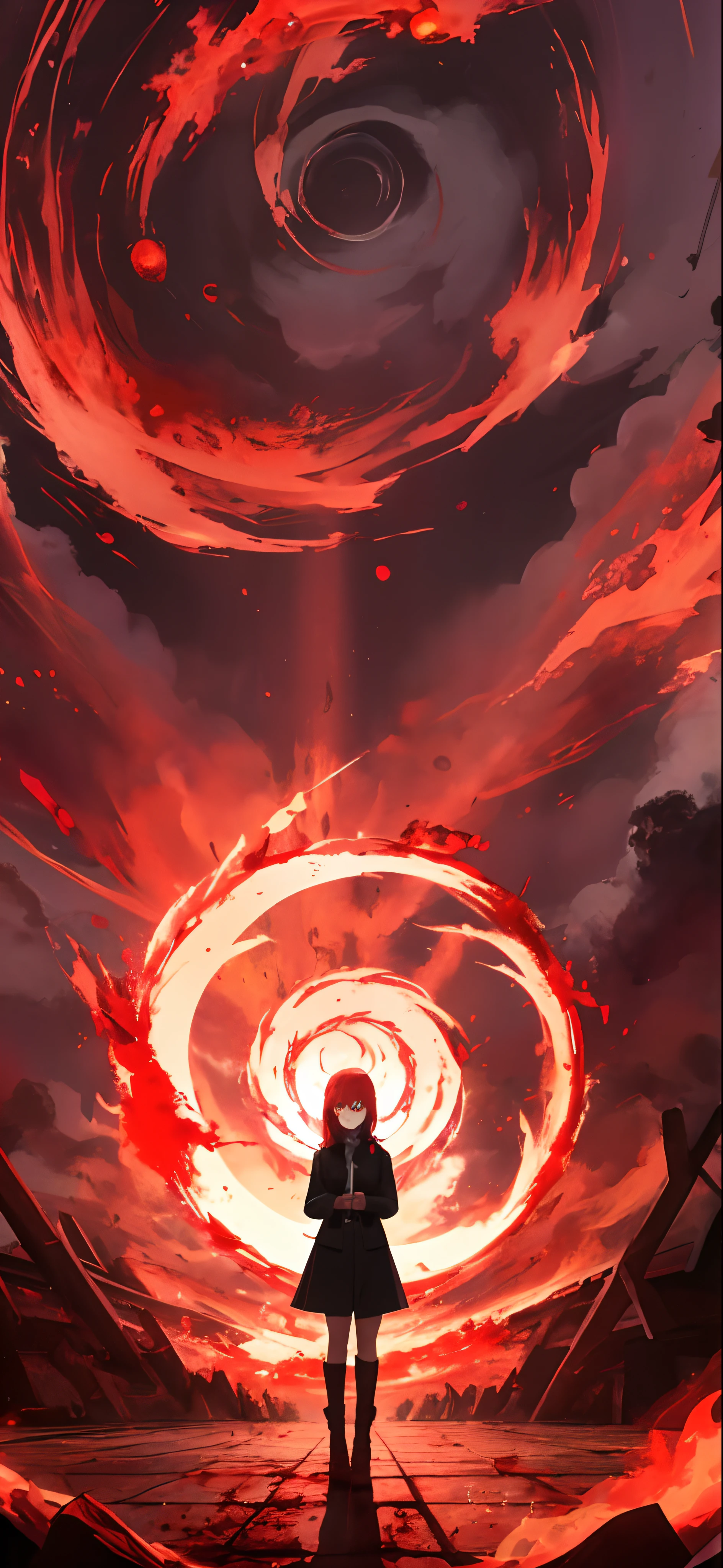 a cartoon picture of a woman standing in front of a spiral, emitting evil red aura, unlimited blade works, red aura, dark glowing red aura, blood aura red light, anime epic artwork, darkness aura red light, claymore anime background, red spike aura in motion, light spatter of blood, crimson red aura, anime wallaper