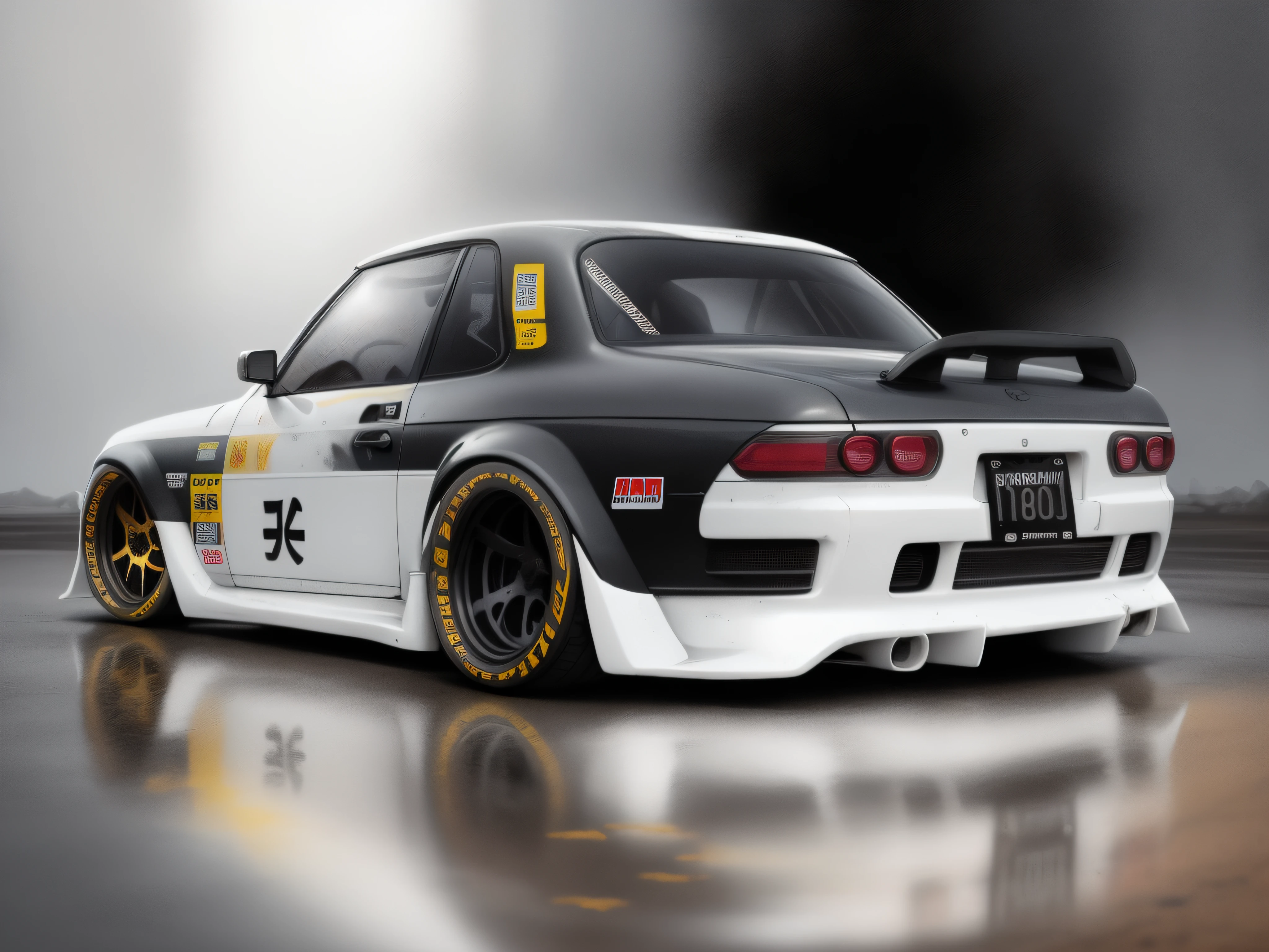 Paint of a white car with a black bumper and a white license plate, cuerpo ancho, inspirador, Lotto, Espaguettificación, Tiro bajo, Fondo de escritorio, Japanese drift car, Lada, vista baja, automotive photography, tiro ancho, auto photography, Lowres, Estilo Miura Kentaro, tuning, vehicle photography, inspirado por Harry Haenigsen, fondo abstracto niebla