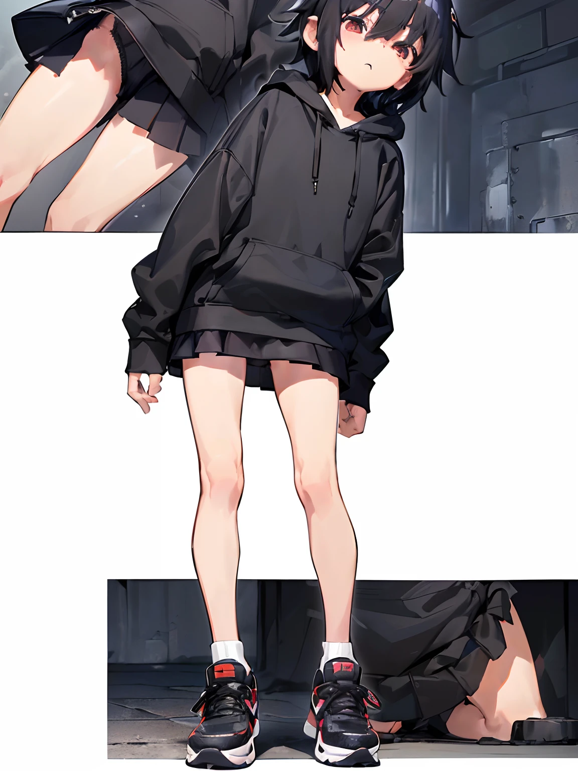 (((7--old ))), ((child))shota))), very short hair, ((black big hoodie), (a knee-length hoodie), ((mini-skirt)), ((bare thigh)), ((thigh focus)), sneakers, A small cute bnny)), full body, (best Quality), (Amazing Details:1.2), 8k, official art, extremely detailed CG,erection