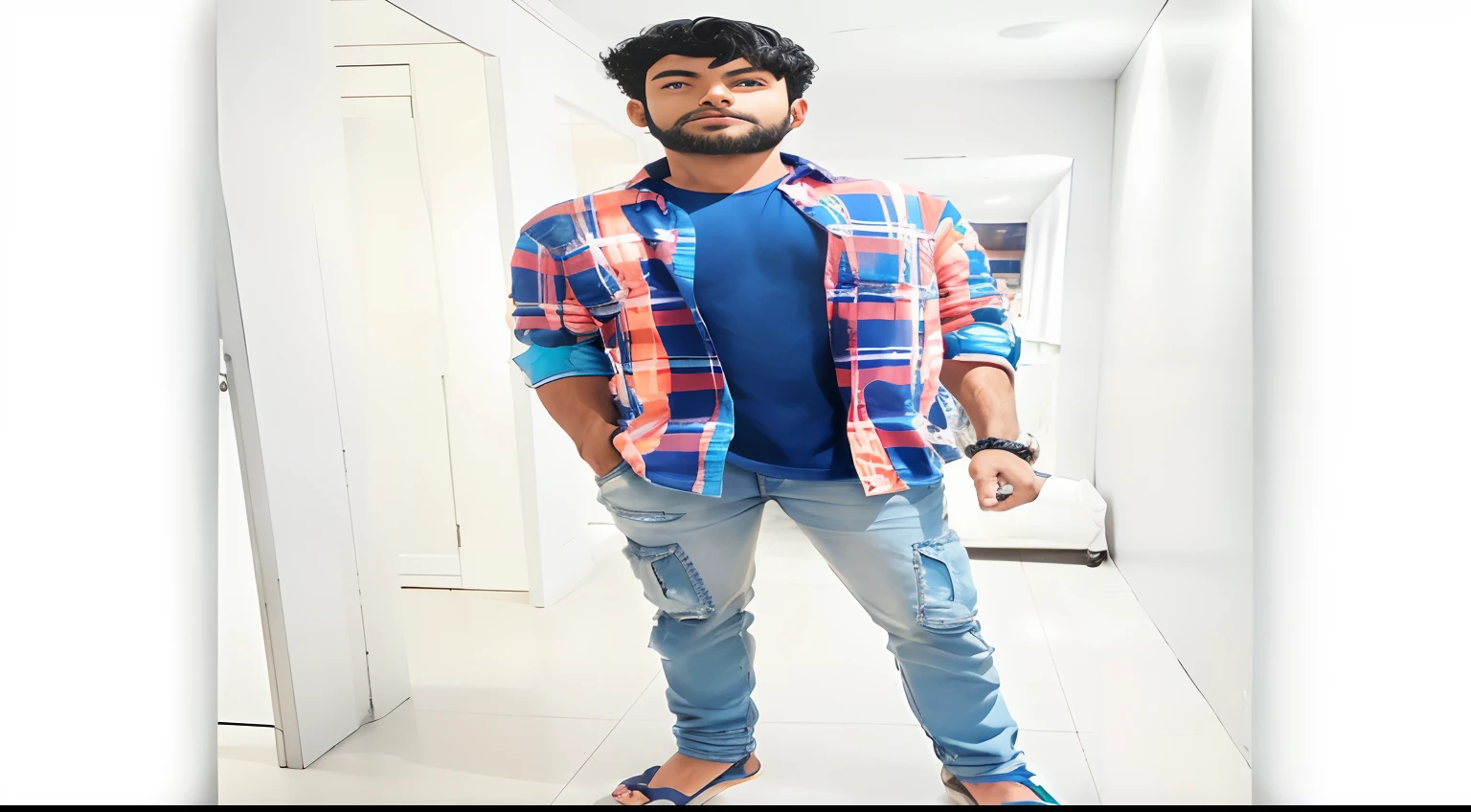 arafed man in a blue shirt and jeans standing in a hallway, jayison devadas style, full body photogenic shot, full body picture, with a cool pose, stylish pose, casual pose, full body full height, wearing a shirt and a jean, jayison devadas, edited in photoshop, wearing casual clothes, cool pose, fullbody shot
