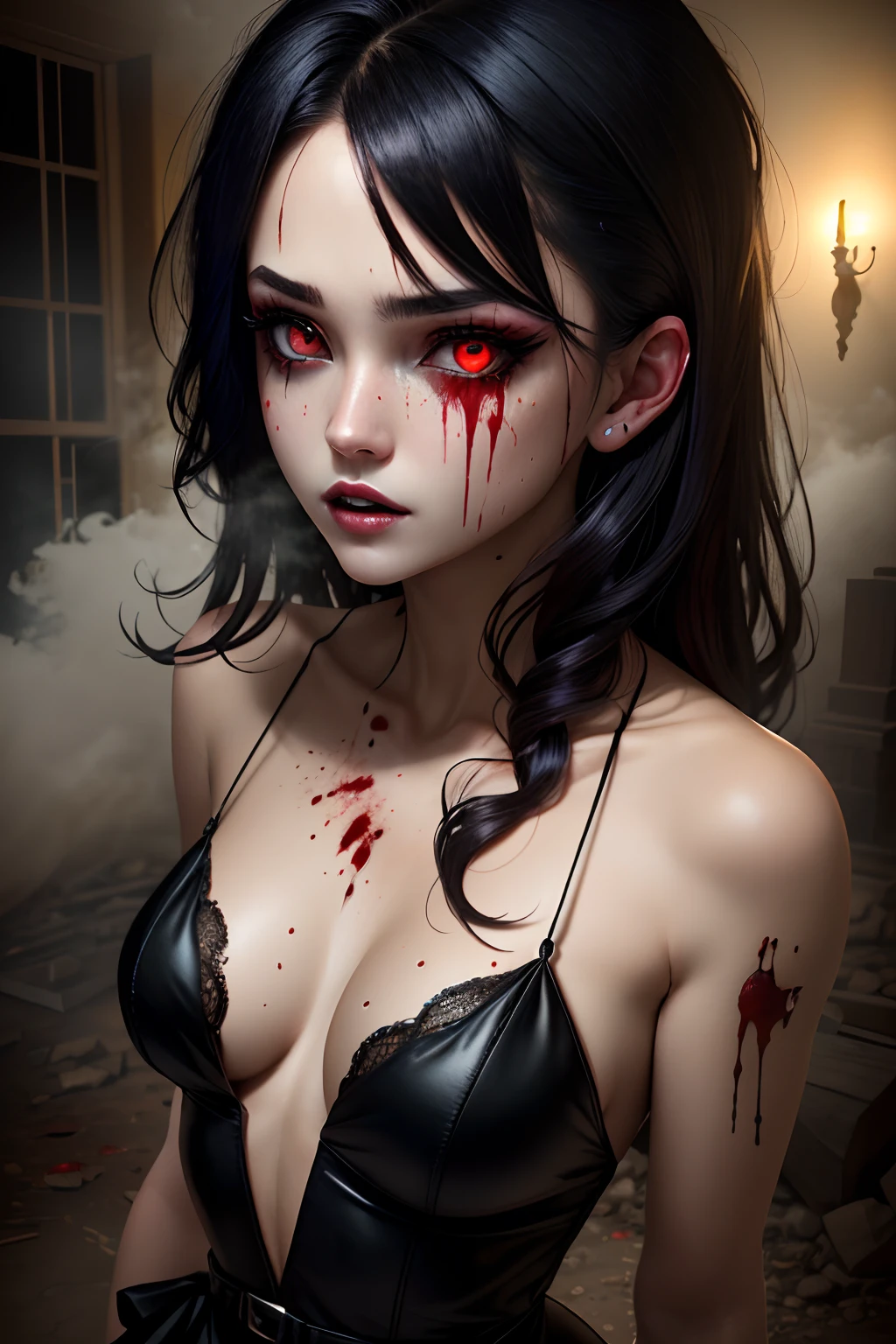 masterpiece, uhd, realistic, detailed, A pale and sickly girl, evil, very_thin, very_small_breasts, very_thin_thighs, very_pale_skin, beautiful face, decay, red glowing eyes, messy black hair, torn black gothic dress:1.3, covered in blood:1.5, dirt, fog, night, bokeh, dramatic shadows, horror, evil eyes, terror, scary, unnatural, crazed, twisted, psychotic,  smeared mascara, very_pale:1.5, emaciated:1.8