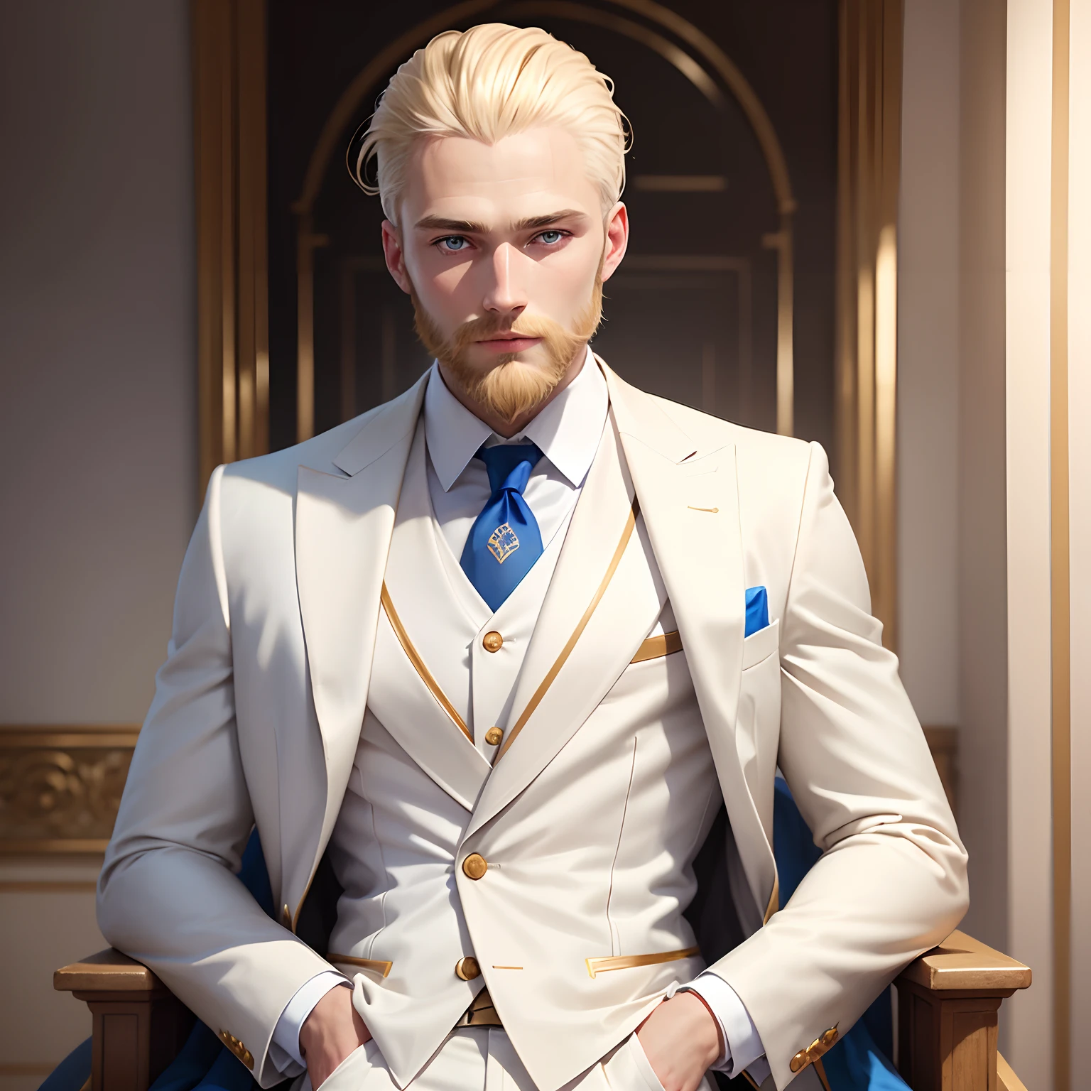German man, blonde hair, blonde beard, blue eyes, white skin, white and gold Suit