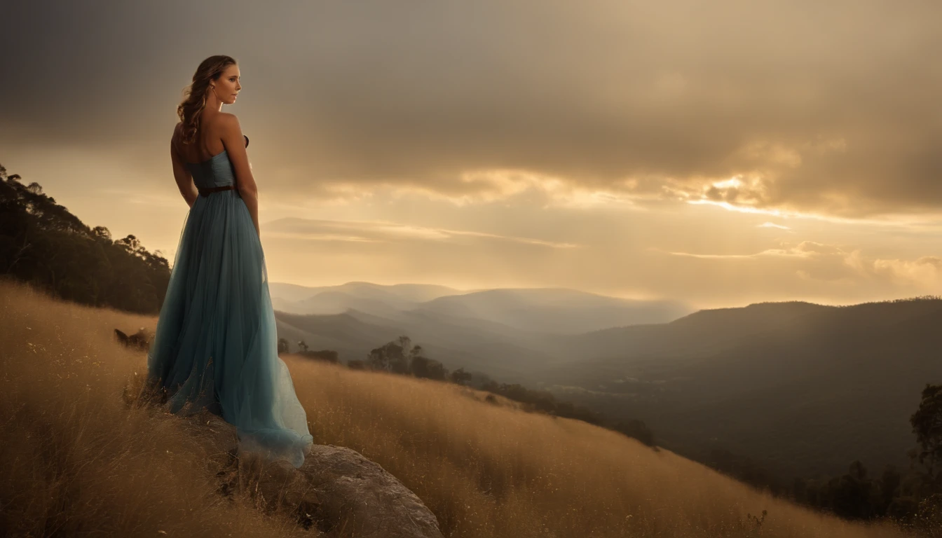 Create a modern, high-definition image of a 35 year old Canadian Australian woman with long brown hair wearing hiking clothes, standing on top of a hill, surrounded by forest and a valley can be seen fading into the distance. The scene should exude a cinematic quality, with the valley bathed in soft morning light, and the mist adding an air of mystery and enchantment. The woman should embody a sense of wonder, joy and contentment. This image should seamlessly blend the elegance of woman with the cinematic magic of the forest, resulting in a visually captivating and emotionally resonant composition that transports viewers to a world natural beauty, extreme long shot, full body shot, high res, candid shot, masterpiece, award winning, masterpiece, modern quality image, detailed background, realistic, (landscape photo format), artistic, (shot from side to side:1.5), (full body shot:2), (hard :1.5)