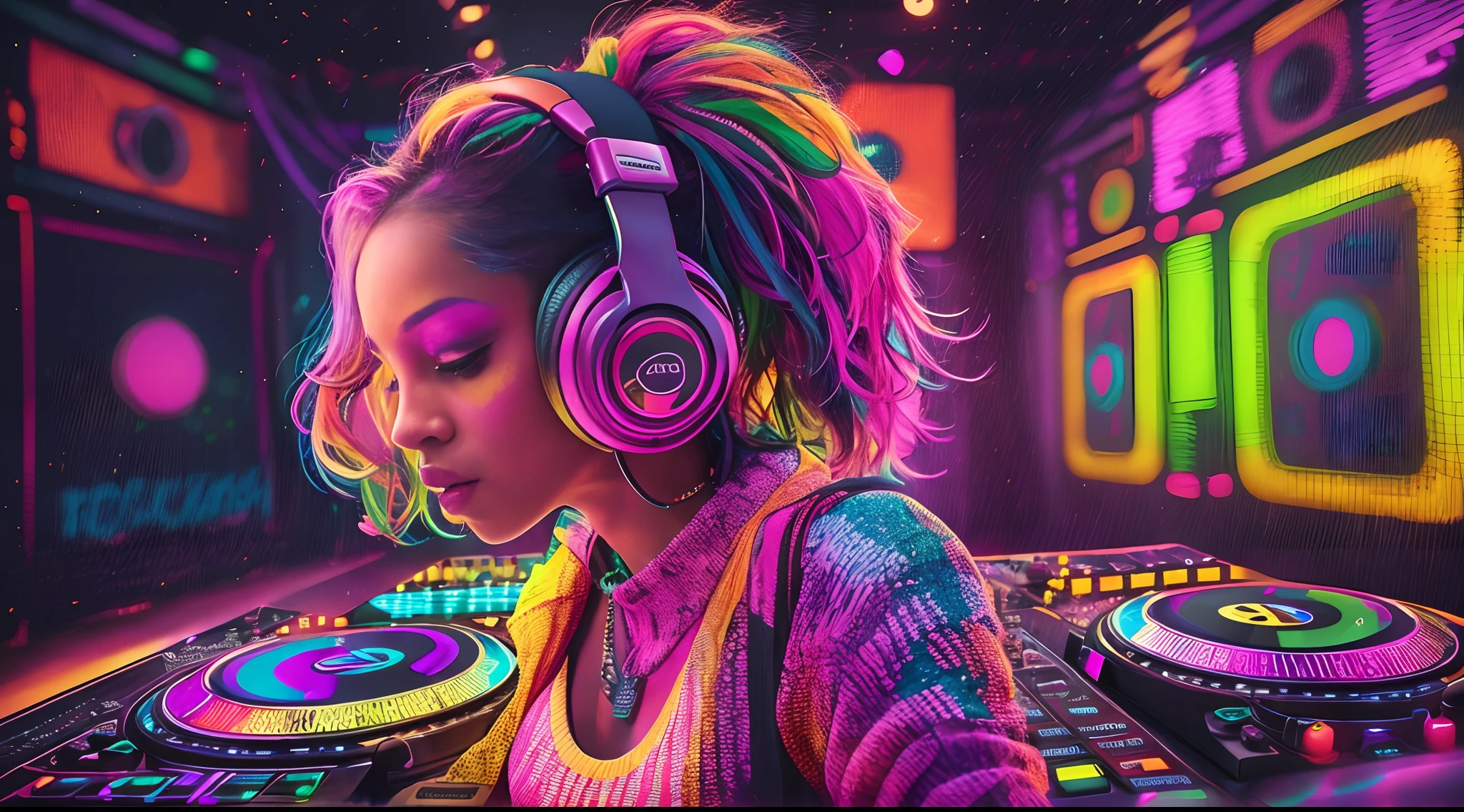 Upper body, Female DJ, Colorful clothes , Quirky, Vibrant appearance, Playful accessories, Creative behavior, Imaginative, Sensual, Spontaneous, DJ headphones, Mixing Console, Music Clubs, night club, Independent cinema, People dancing on dance floor background, Underground danceclub, Highest quality, Skin texture, Intricate details, (Cinematic lighting), RAW photo, 8K