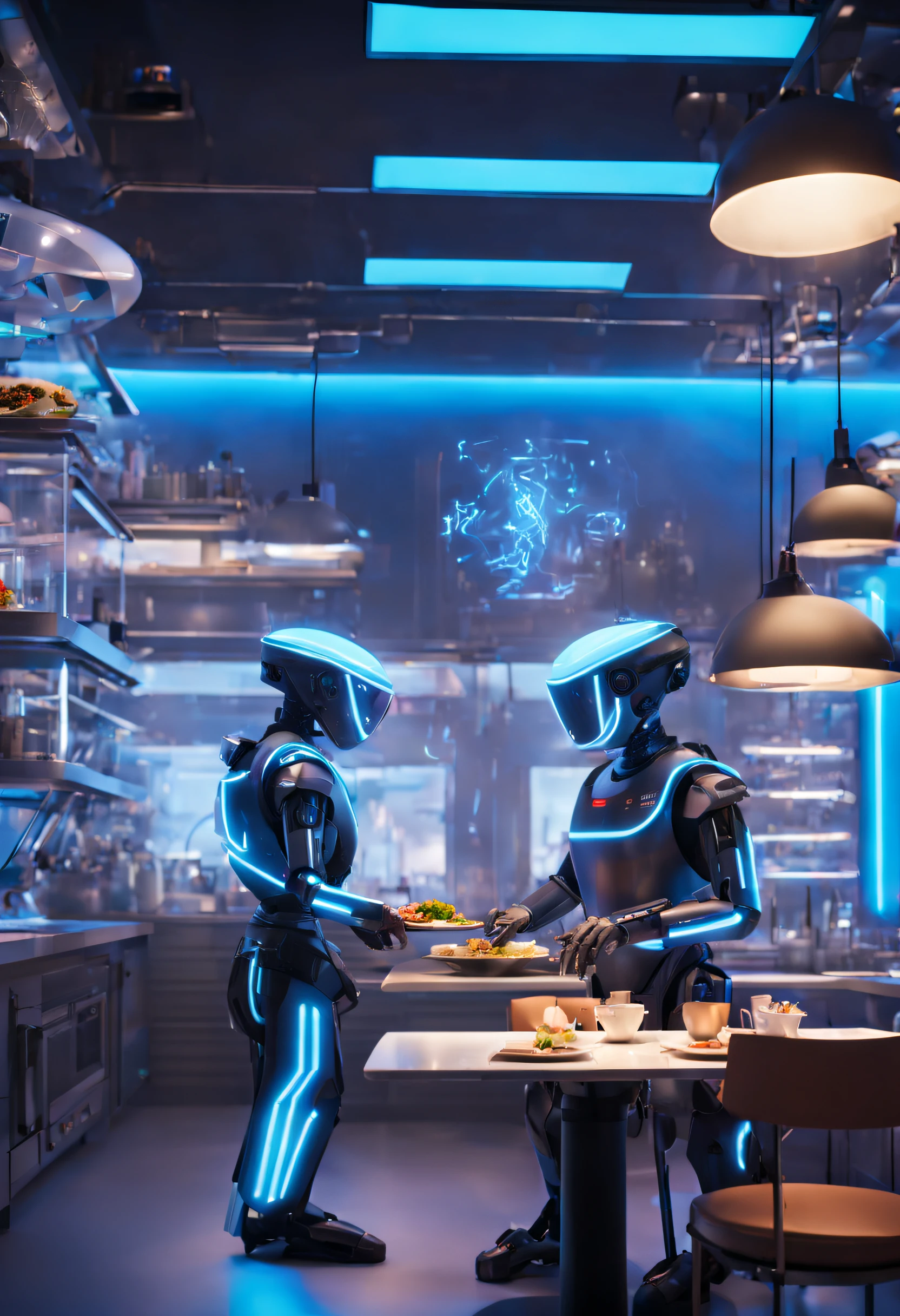 (Futuristic kitchen,Refrigerator with robotic arm,Mechanical joint，Refrigerator robotic arm is creating delicious meals，Epic surreal art style,Epic sci-fi art style,Epic digital fantasy illustrations,epic mythology art style,Epic futuristic art style,steampunk kitchen utensils)， Background futuristic kitchen, sci fi art, ，Excellent，Excellent，hyper realisitc，Thriller，Weird，