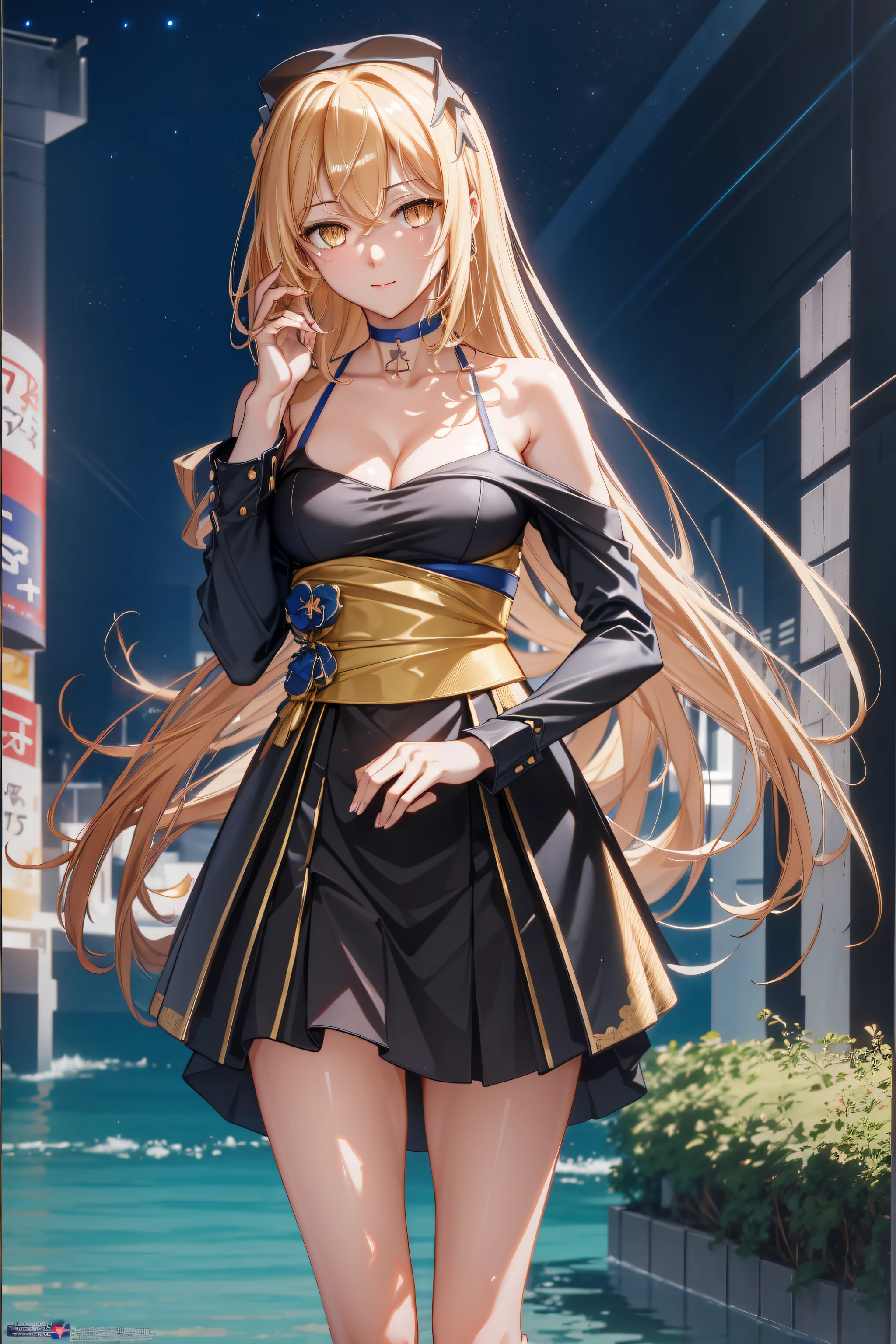 (Night:1.7), Japan, Tokyo, CityView, Before Window,
Standing at attention,
red_choker,cleavage, collarbone,bare_shoulders,black_Pencil_skirt,White_shirt,bare_arms,
aiz wallenstein, blonde hair, hair between eyes, hairband, long hair, (yellow eyes:1.5), sidelocks,
1 girl, 20yo,young female,Beautiful Finger,Beautiful long legs,Beautiful body,Beautiful Nose,Beautiful character design, perfect eyes, perfect face,
looking at viewer,,seductive anime girl.teasing smile, 
NSFW,official art,extremely detailed CG unity 8k wallpaper, perfect lighting,Colorful, Bright_Front_face_Lighting,
(masterpiece:1.0),(best_quality:1.0), ultra high res,4K,ultra-detailed,
photography, 8K, HDR, highres, absurdres:1.2, Kodak portra 400, film grain, blurry background, bokeh:1.2, lens flare, (vibrant_color:1.2)
(Beautiful,large_Breasts:1.4), (beautiful_face:1.5),(narrow_waist),(perfect hands, perfect anatomy)