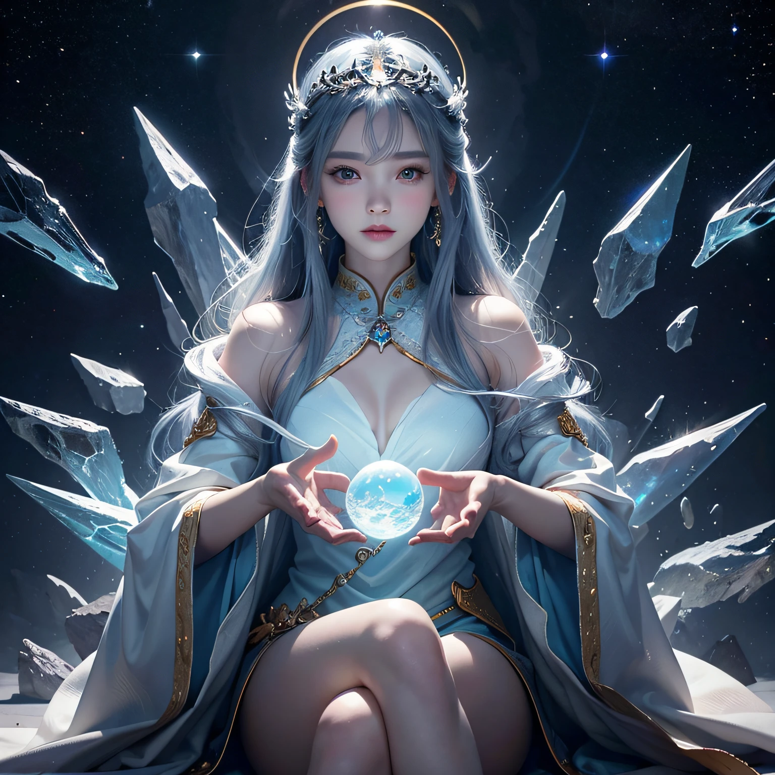 超高分辨率， best qualtiy， photore， 16k， （realisticlying： 1.2）， cinmatic lighting， Woman in the shape of a mythical god。It depicts the god holding the sun and moon，Shrouded in a radiant aura，Sit on a magnificent crystal throne against the backdrop of the universe，Float on a crystal throne in a bright white cloak，Floating on a crystal cloud，Surrounded by the splendor of the universe。Meticulous attention to stunning details，And achieve a resolution of 64K，for an immersive and realistic visual experience。Let your work capture the essence of myth and wonder，leaving viewers in awe of its beauty and power。