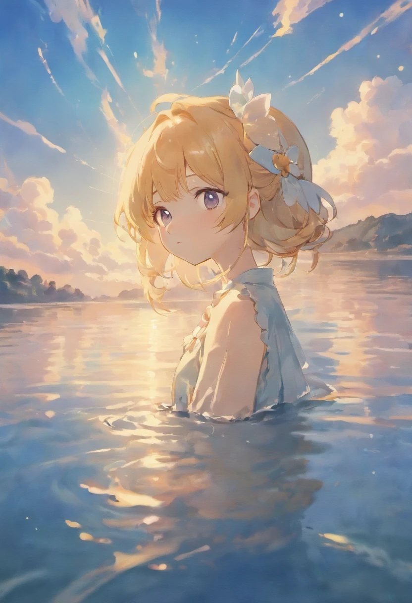A cute girl in a swimsuit(original bikini swimsuit)(Small body) (Little Girl:1.5), (blonde:1.5)(eyelash:1.2)(eye shadow:1.3) (Blue eyes:1.5), (Beautiful fine details:1.4) (Short Bob Hair:1.4), (Blue eyes)(Big Breasts:1.3) (White skin:1.2)Height: 130cm, original character, Fantasy, View Viewer Art: (A girl with beautiful deep eyes. The depth of field in the photo is perfect、Lens flares create a nice atmosphere. The details of her face really stand out, This photo definitely gets a 10 or more.. background, There is a beautiful sea with crystal clear water and water droplets floating on the surface. Laughing happily