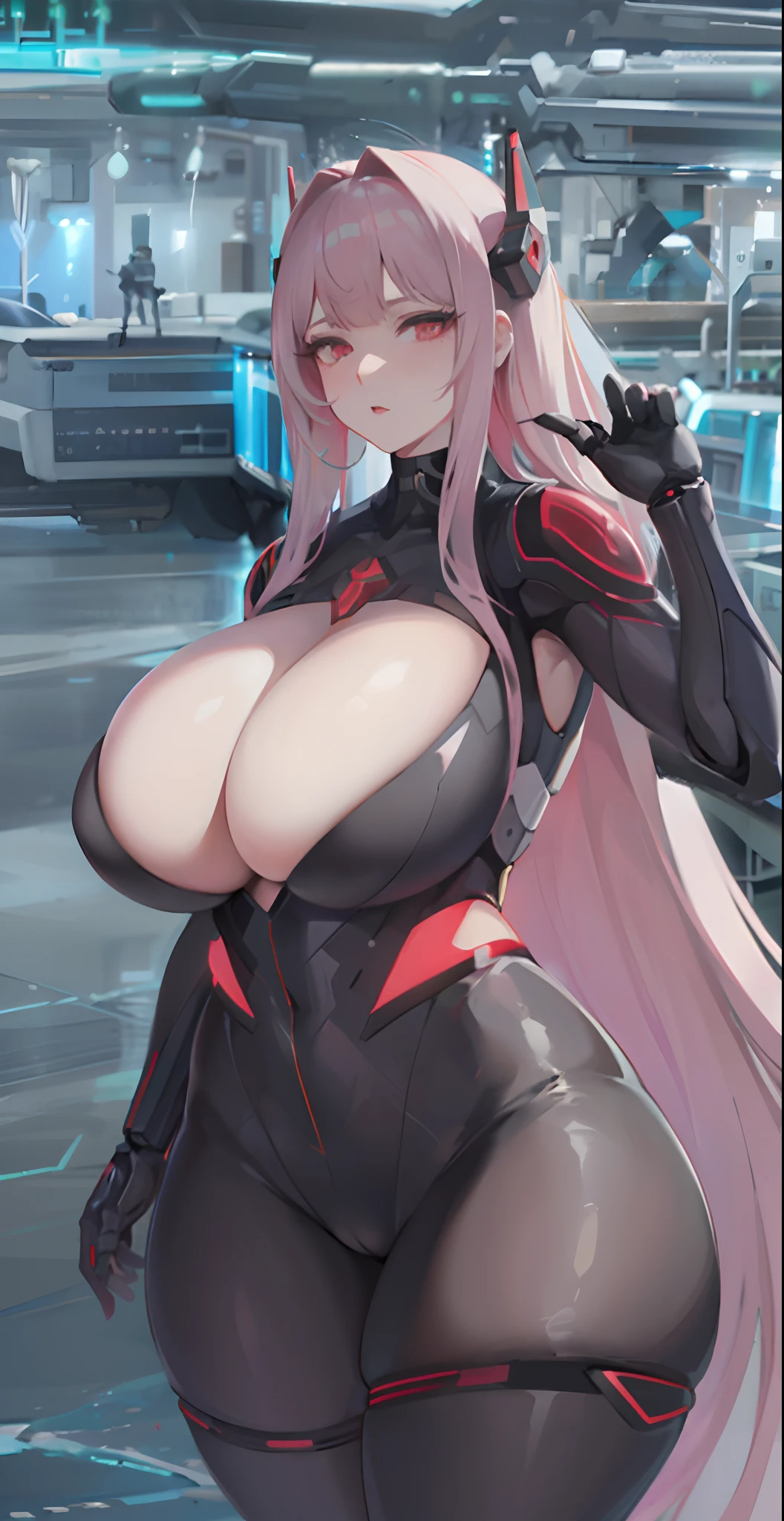 a cartoon picture of a woman in a black and red outfit, biomechanical oppai, oppai cyberpunk, gynoid body, zero two, oppai, android heroine, clothed in cyber armour, thicc, cyber suit, cybersuits, cybersuit, cyberpunk anime girl mech, girl in mecha cyber armor, fine details. girls frontline