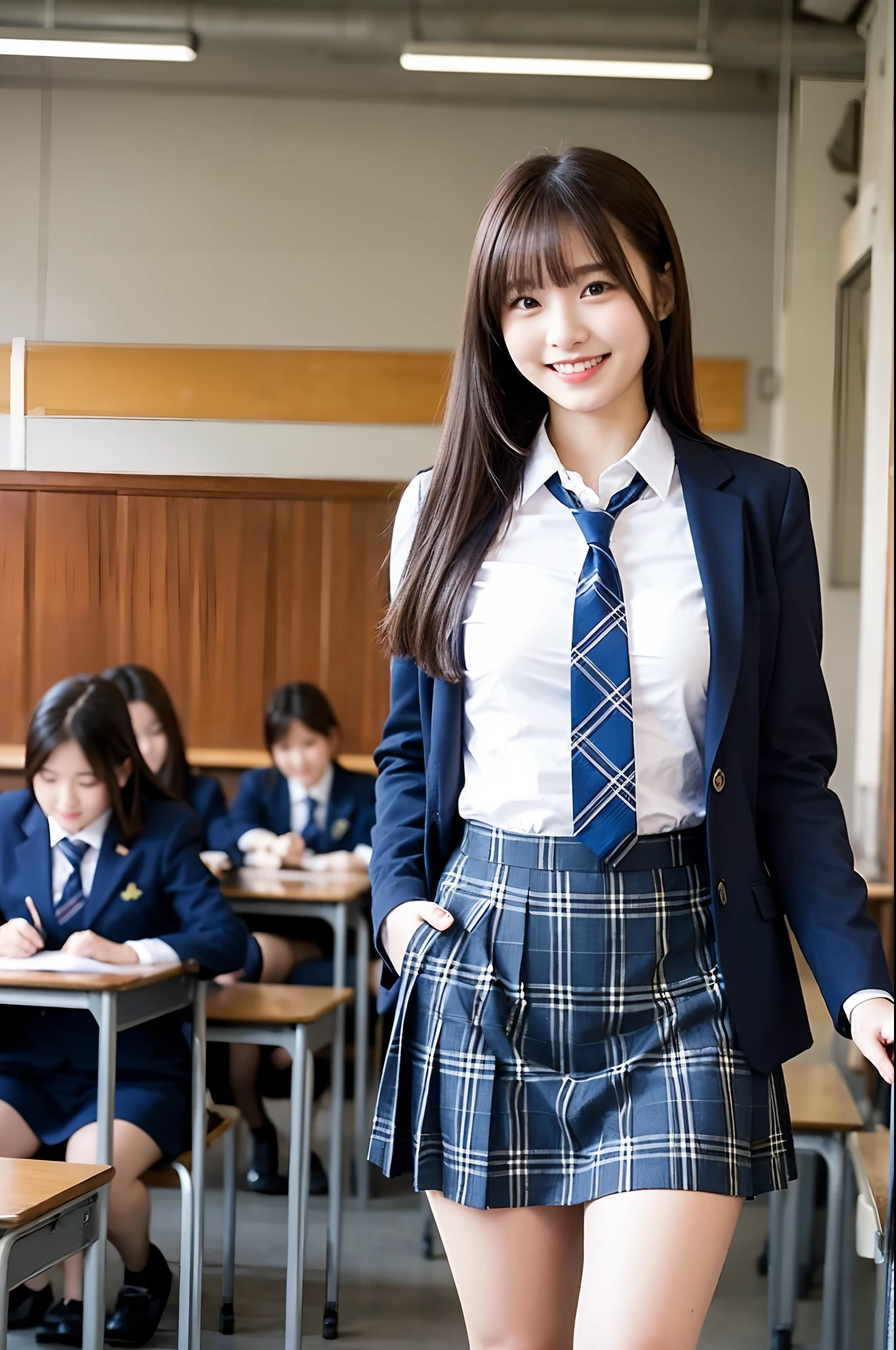 girl standing in school classroom,school uniform with blue tie,dark blue blazer,blue plaid skirt,18-year-old,bangs,a little smiles,thighs,knees,from below