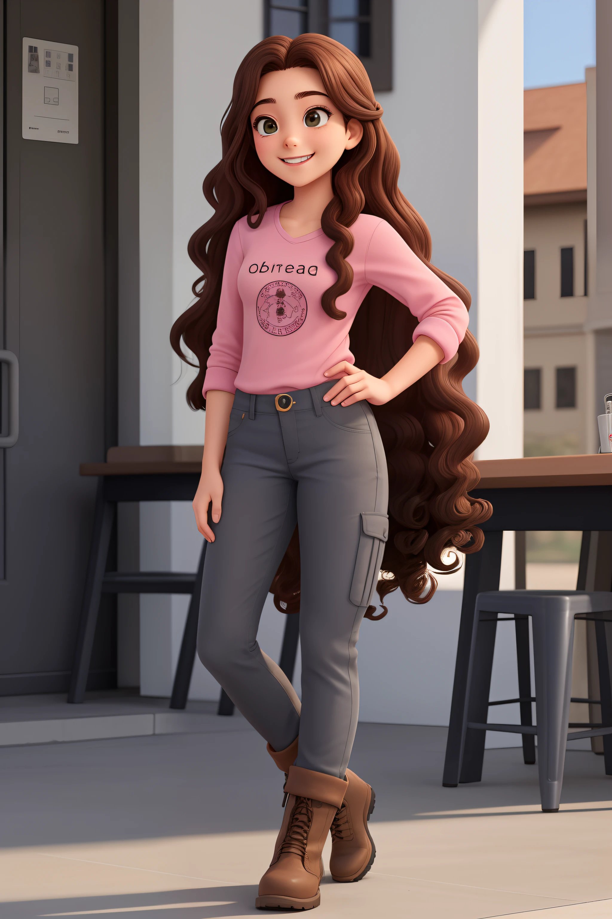 A 16-year-old woman, with long curly brown hair, Cara redonda, sonrisa encantadora, y ojos marrones, usar gafas rosadas, camisa manga larga gris, pants and boots with a cell phone in hand