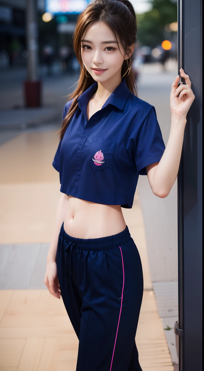 10, master-piece, RAW photo, bestquality, photorealistic portrait, extremely detailed cg unity 8k wallpaper, Depth of Field, cinematic light, lens flare, ray tracing, (Very beautiful face.., beautiful lips, beautidul eyes), Complex face details, ((ultra-detailed skin)) 1girls, In the dark, Deep Shadows, beautiful Korean girl, K-pop idol, 1 girl, (The body is very slender..:1.3), ((looking at the audience)),(big smile:1.3), (Blue sweatpants), (Sweatpants), (midnight, dark night, (neon sign), (blurred background), dim lighting), (With no one behind it..:1.3), Beautiful earrings, bracelets, necklace, tights, Clear eyes, walk , Front Shot, (pale skin), (s big eyes), facing forward, (full-body-shot), ((Hot pink silk shirt)), (Brown fur), (Blue Gym Shirt), Open the navel.., (looking at the audience:1.3) Very thin, mediuml breasts, ((camel toes)), thick thighs,masterpiece, bestquality, ultra realistic, hyper-detail, 8k resolution, RAW photo, crisp focus, (2 girls in a café), ((Navy blue shirt:1.1)), short sleeves, Long Track, Perfect body, 2 mature women, 18yo, cinematic light