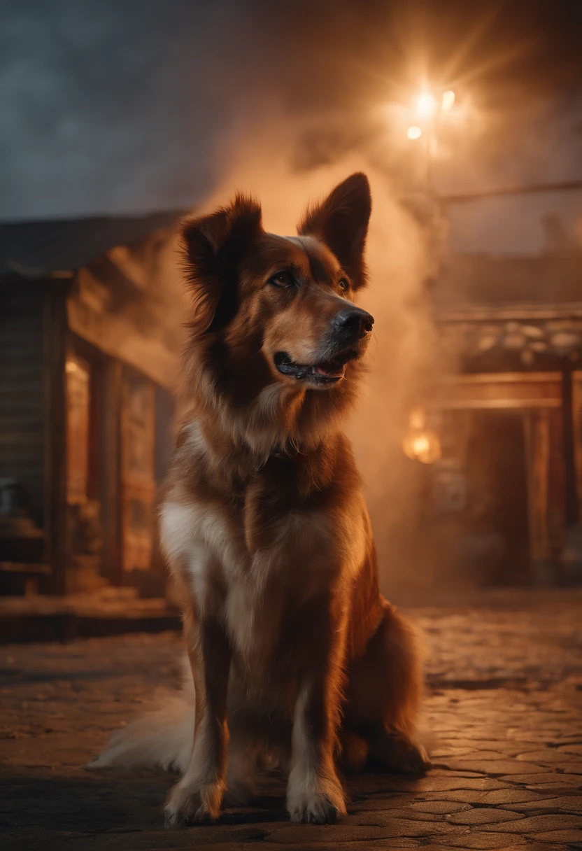 Visualize a scene where a dog's vigilant barks save her master's shop from a raging fire." (RAW Photo), (Hyper Realistic, best quality),8k,(realistic, photo-realistic:1.3)Cinematic, (maximalist photo 8k resolution, intricately detailed, complex, elegant, expansive, fantastica), Hyper-detailed, insane details, Beautifully color graded, Unreal Engine, DOF, Super-Resolution, Megapixel, Cinematic Lightning, Anti-Aliasing, FKAA, TXAA, RTX, SSAO, Post Processing, Post Production, Tone Mapping, CGI, VFX, SFX, Insanely detailed and intricate, Hyper maximalist, Hyper realistic, Volumetric, ultra photoreal, ultra-detailed, intricate details, Super detailed, Full color, Volumetric lightning, HDR, Realistic, Unreal Engine, 16K, Sharp focus, octane render.