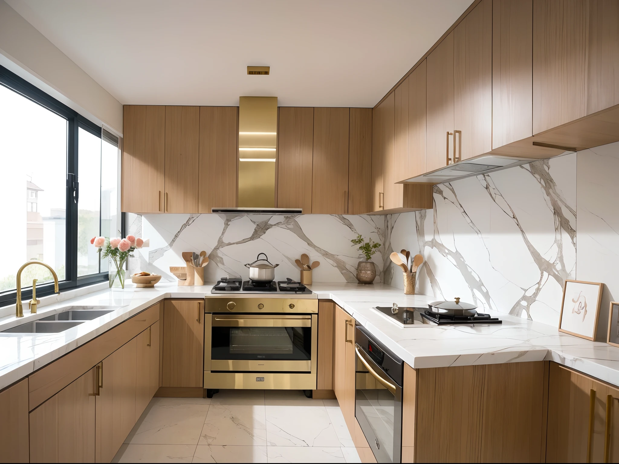 In this kitchen, as you step in, you find yourself in a blooming garden. The pure white marble countertop is adorned with dazzling brass cookware, radiating a captivating glow. The walls are covered in tiles with exquisite rose patterns, creating a romantic atmosphere throughout the space. Adjacent to the cabinets, a row of transparent glass cabinets displays an array of delicate jars and seasonings, resembling a piece of art that stirs the heart. The irresistible beauty and elegance make every cooking experience feel like a magical feast. (best quality,highres),bright and vibrant colors, (photorealistic),soft and warm lighting, (portrait)
