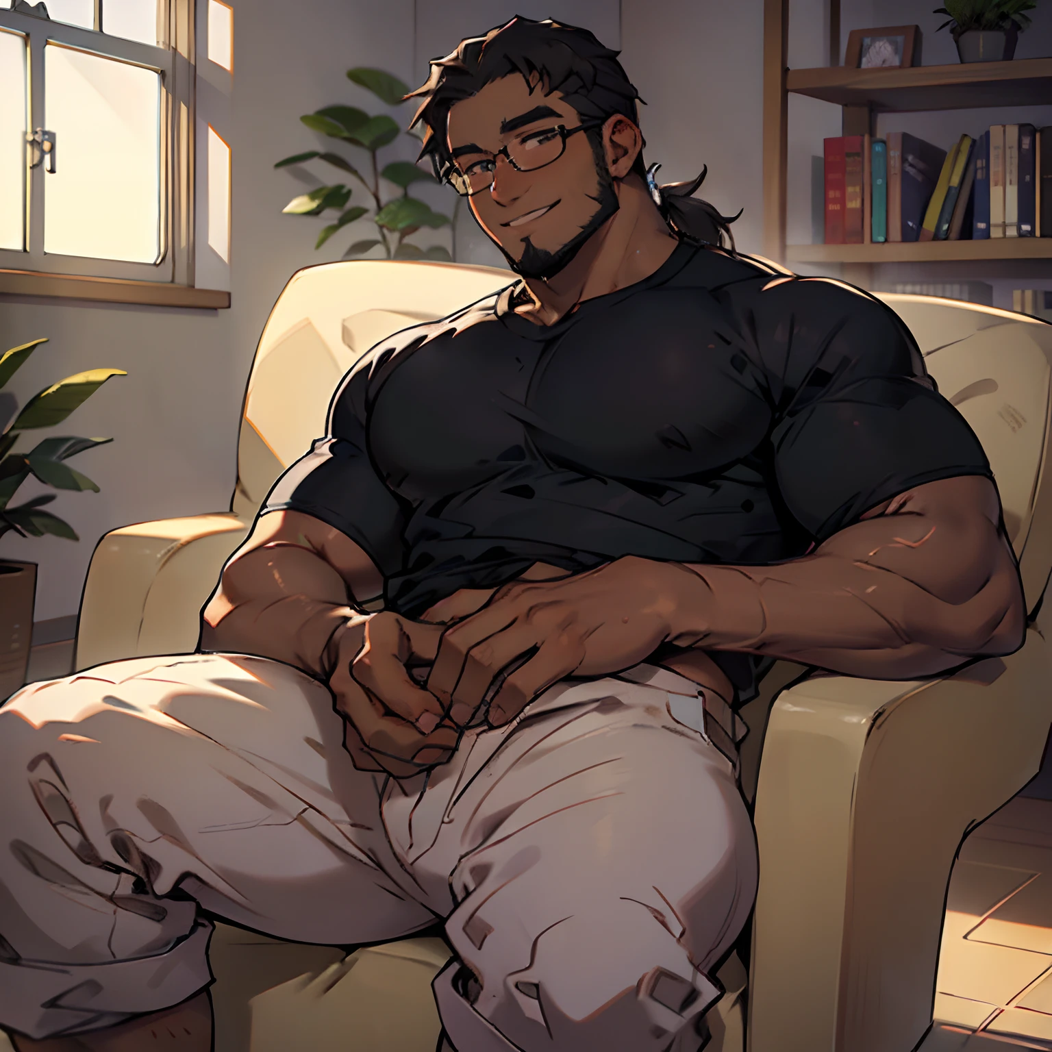 mature adult Black man, dark skin, (chubby:1.1), casual clothes, glasses, big pecs, corded hair in a ponytail, short beard, loving smile, gentle expression, indoors, sitting down on a couch, side shot, perfect hands, perfect symmetric eyes, detailed eyes, hairy body, intricate details