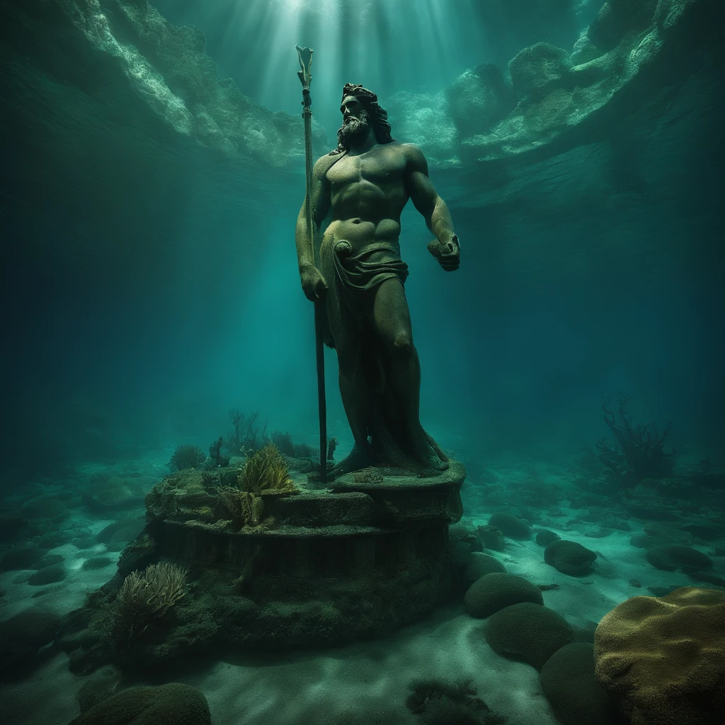 The city of Atlantis under the sea, huge statue of Poseidon, abandoned, patina, seaweed, desolation, dark sea bottom, dead silence