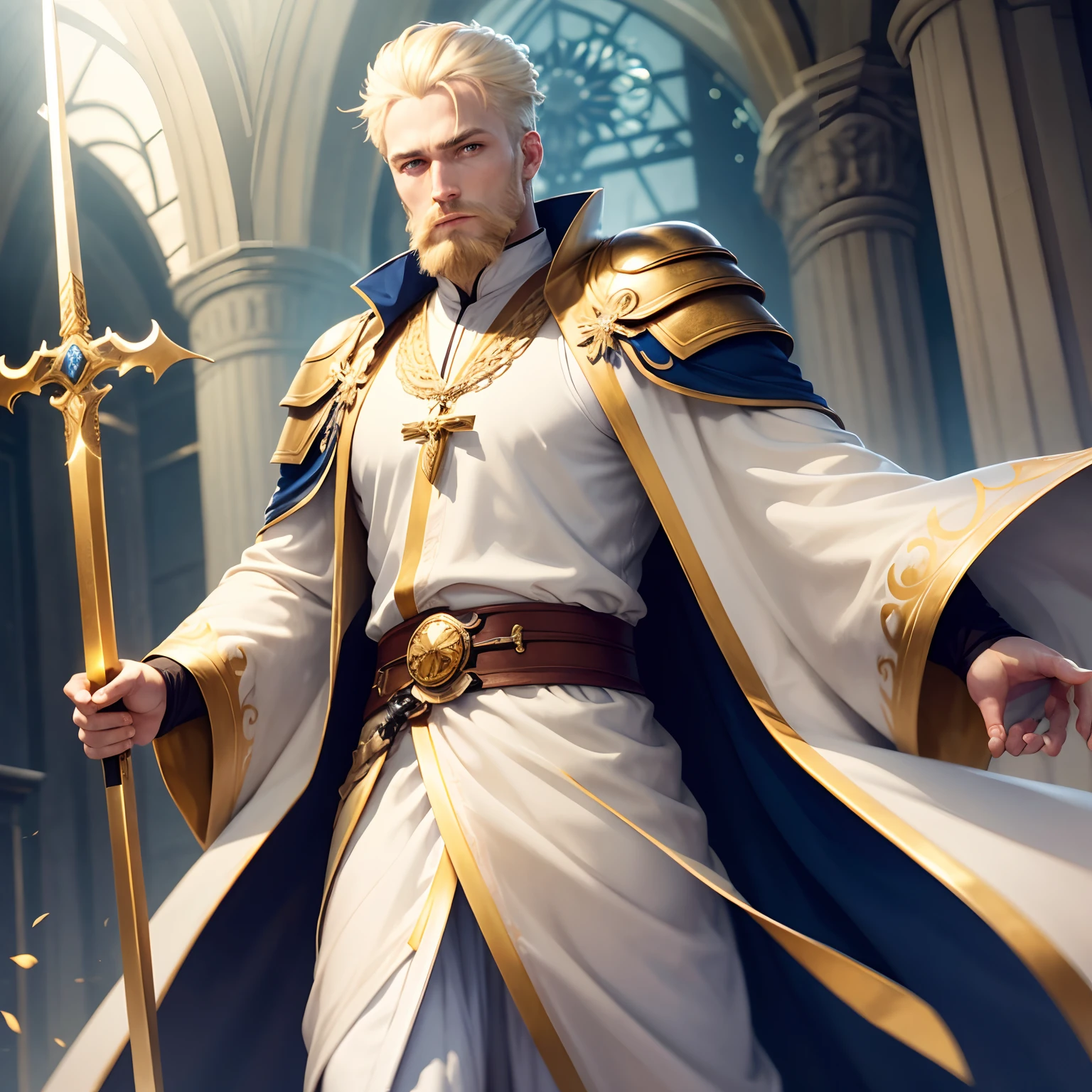 german man, blonde hair, blonde beard, blue eyes, gold amd white pastor robes, wielding a golden sword, short hair, calm look, holy, fantasy