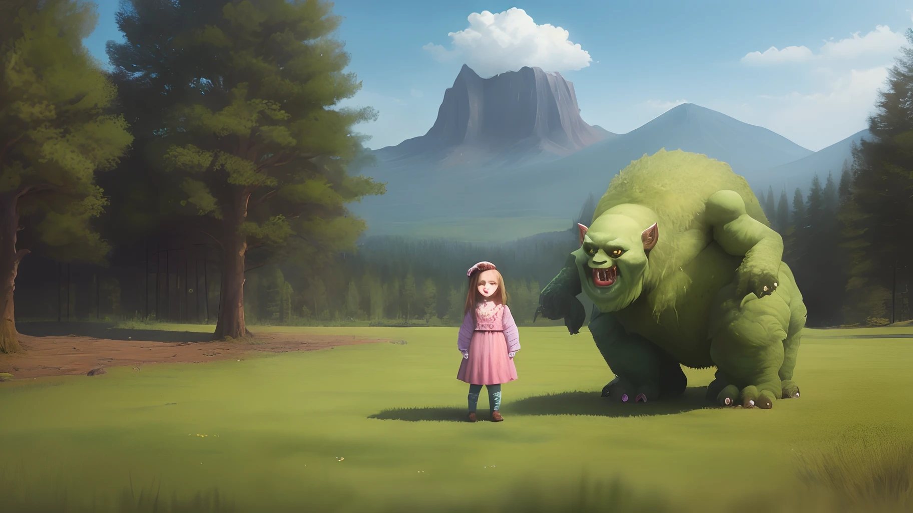 there is a girl standing next to a giant monster in a field, childrens art in artstation, realistic fantasy illustration, fantasy matte painting,cute, inspired by Johannes Helgeson, realistic fantasy render, adorable digital painting, 3 d epic illustrations, fantasy art behance, monsters in the background, epic fantasy digital art style, epic digital art illustration, fantasy digital painting