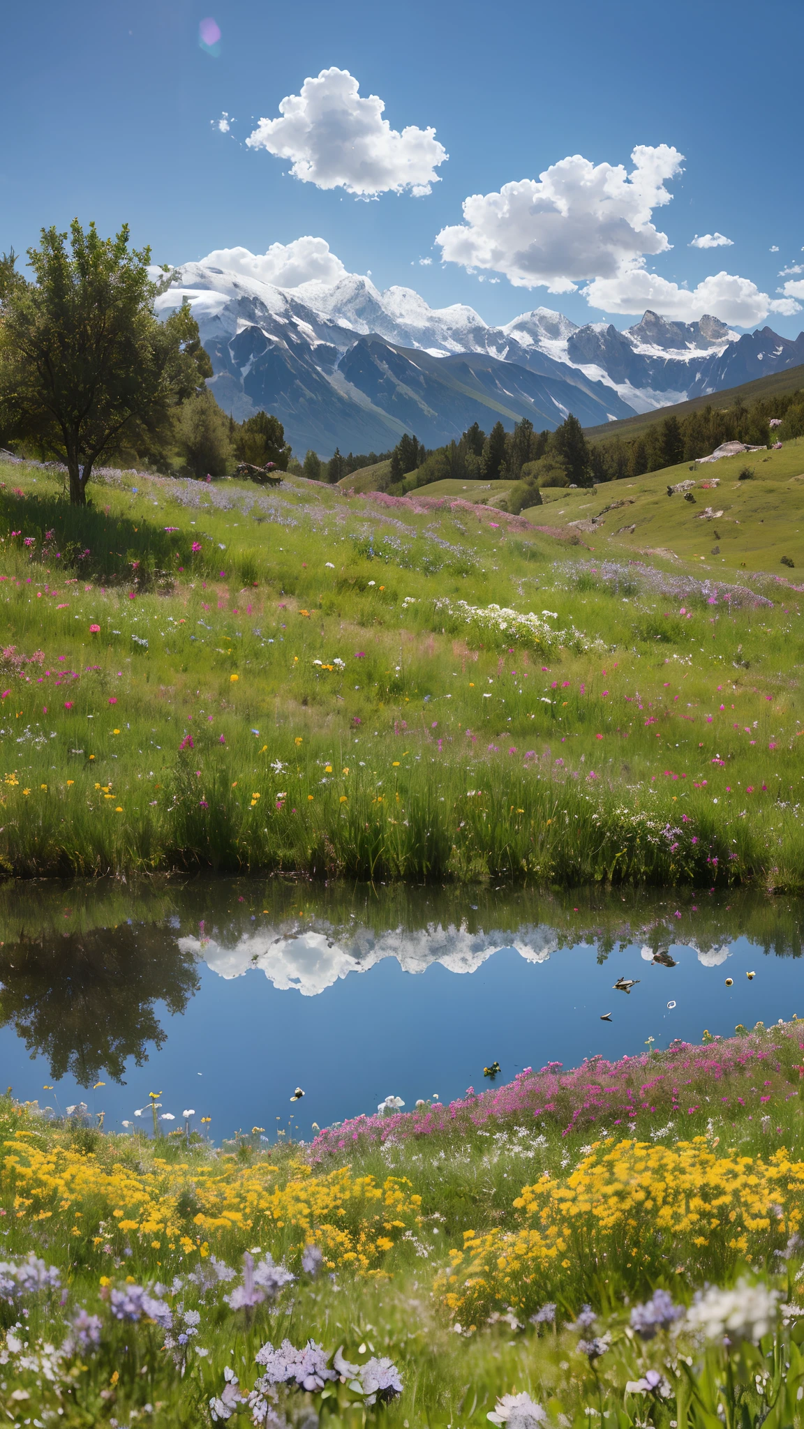 Summer, meadows, a few small flowers, clear lakes, sheep, heaven, large clouds, blue sky, hot weather, HD detail, hyper-detail, cinematic, surrealism, soft light, deep field focus bokeh, distant vistas are snowy mountains, ray tracing, and surrealism. --v6