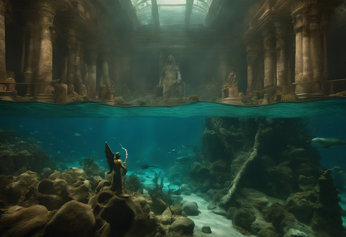 The city of Atlantis under the sea, Huge statue of Poseidon, Abandoned, patina, seaweed, Desolation, Dark seabed, Dead,Panorama Figures,viewed from bird's-eye