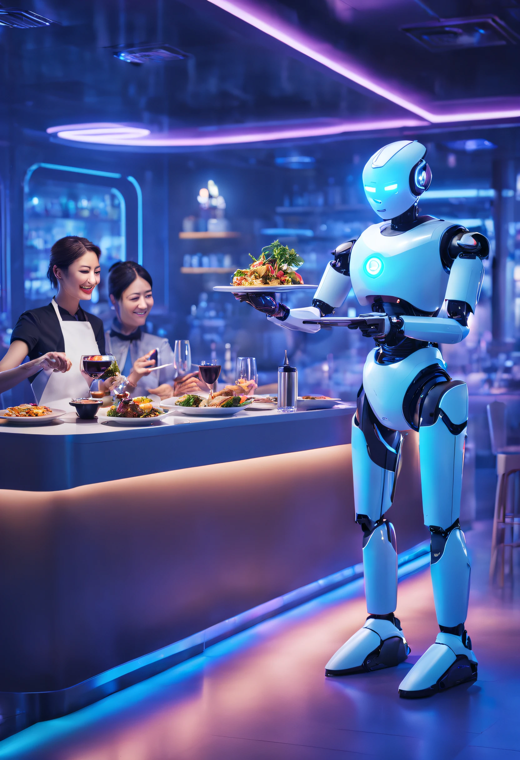 futuristic restaurant, robots cooking in kitchen, delivery drones flying, robot waiters serving real customers, human staff smiling, AI chef hologram, neon blue lighting, advanced tech machines, computer coders programming, augmented reality menu, cyberpunk interior robot waiters serving real smiling customers human staff interacting with robots happily