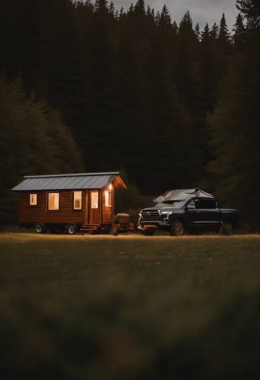show about 4 self-sustainable tiny homes set on mostly wood plot of land with a couple of Tesla cars and Tesla trucks on the road and in driveways.