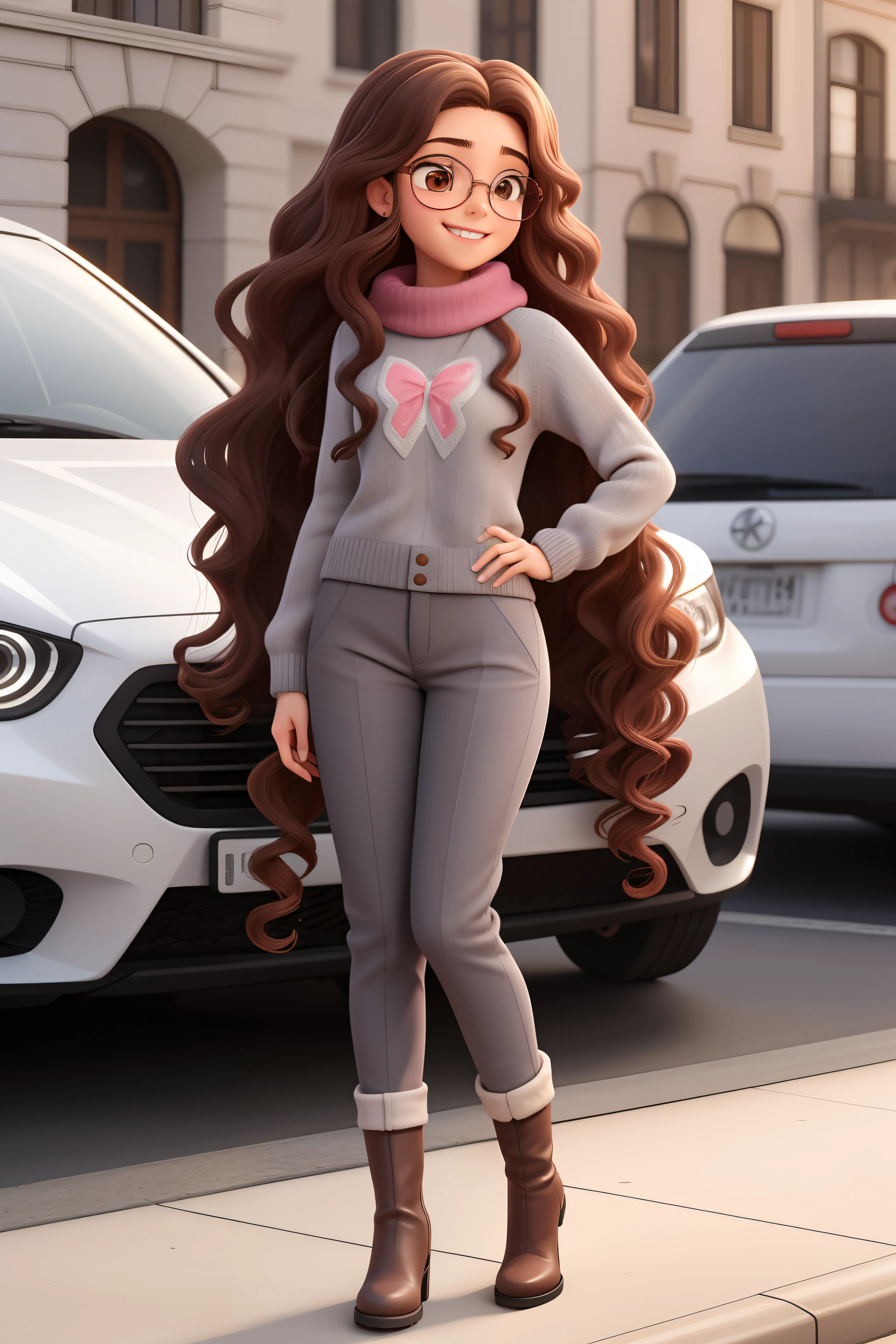 A 17-year-old woman, with long curly brown hair, Cara redonda, cara redonda con sonrisa encantadora, con lentes rosados, with a gray sweater and nice pants with current boots that looks elegant with a cell phone in hand