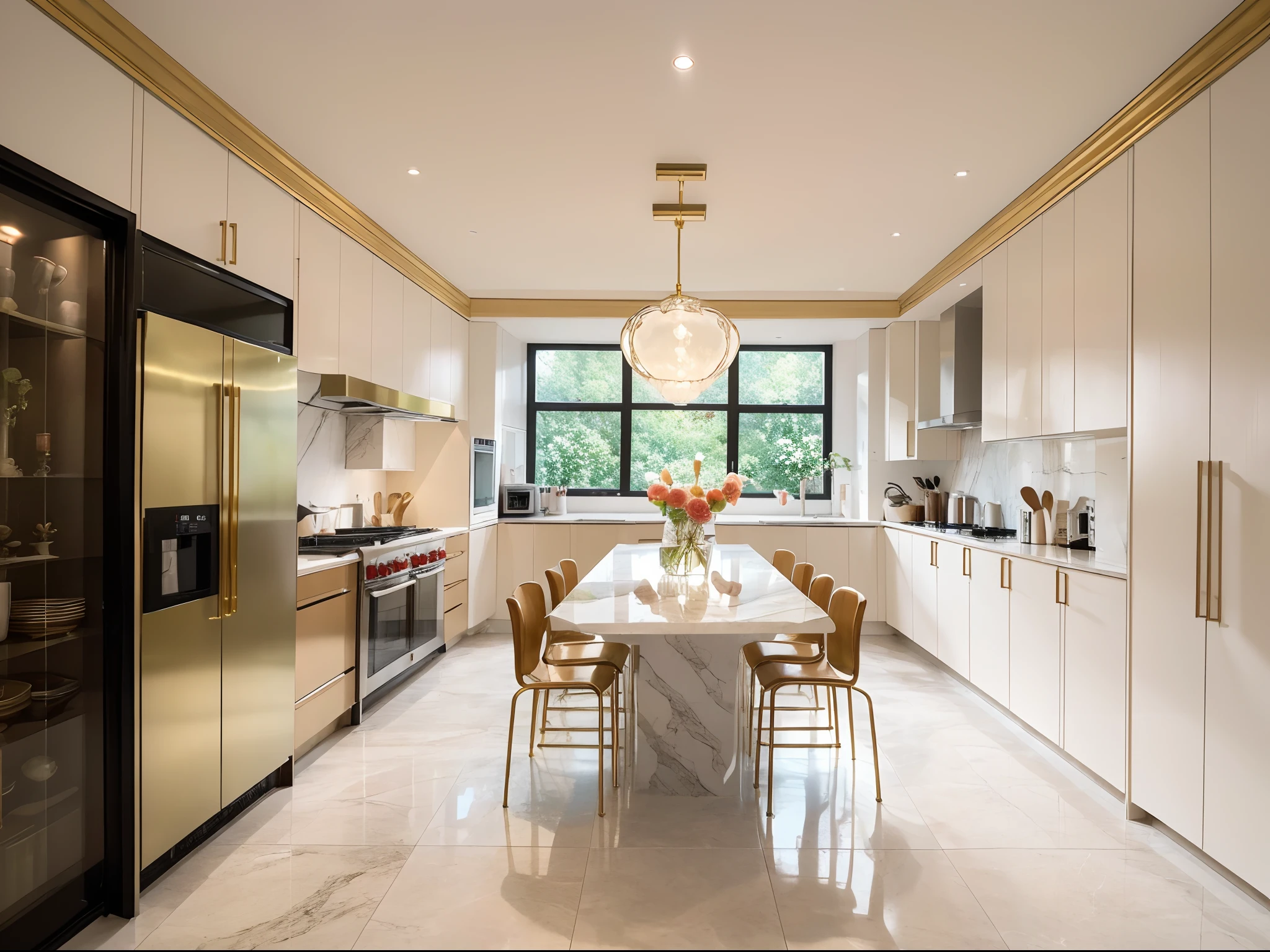 In this kitchen, as you step in, you find yourself in a blooming garden. The pure white marble countertop is adorned with dazzling brass cookware, radiating a captivating glow. The walls are covered in tiles with exquisite rose patterns, creating a romantic atmosphere throughout the space. Adjacent to the cabinets, a row of transparent glass cabinets displays an array of delicate jars and seasonings, resembling a piece of art that stirs the heart. The irresistible beauty and elegance make every cooking experience feel like a magical feast. (best quality,highres),bright and vibrant colors, (photorealistic),soft and warm lighting, (portrait)