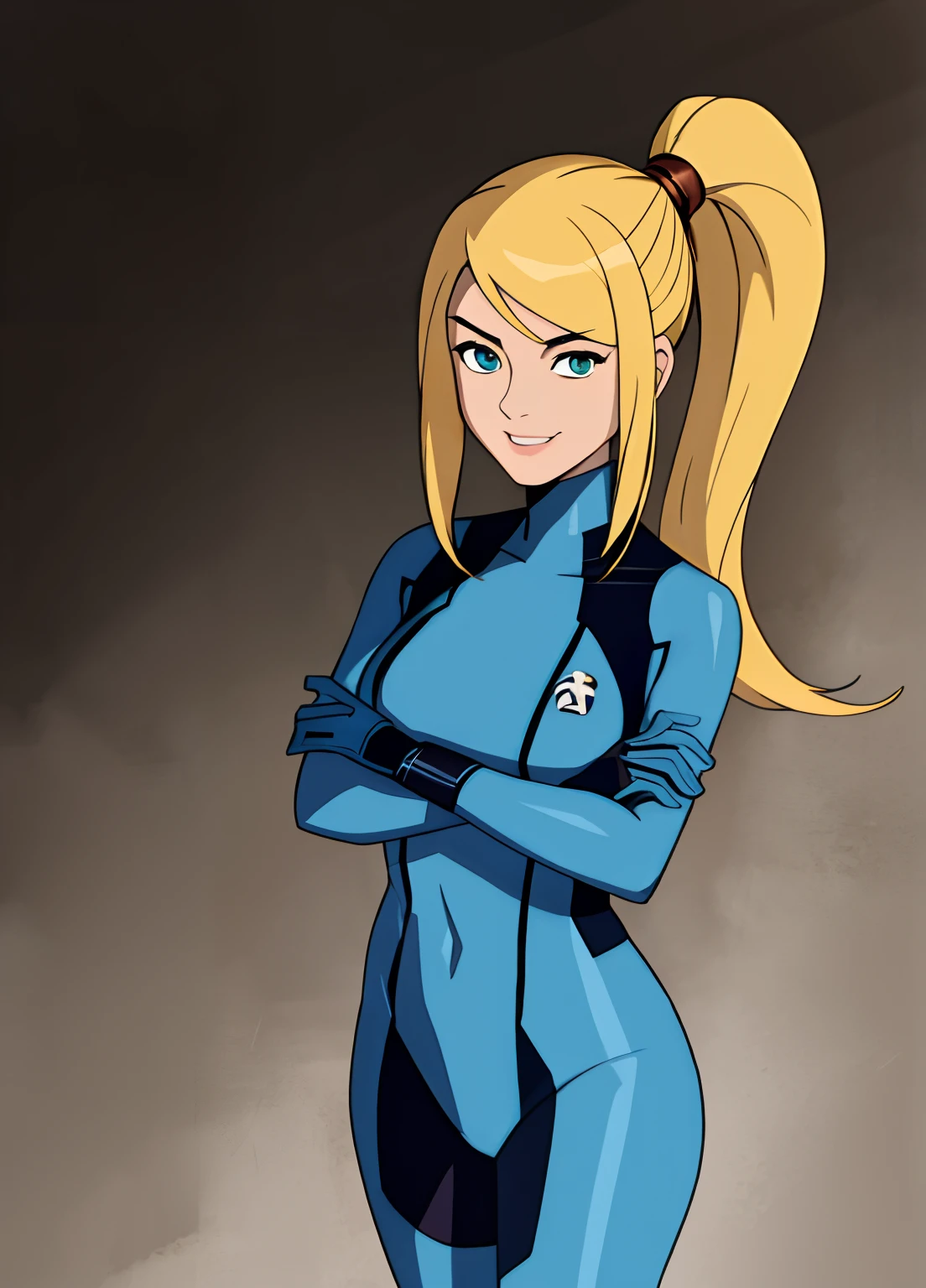 samus aran, ponytail, hair tie, blue gloves, ((blue bodysuit)), high heels (masterpiece, best quality:1.4), (modern days), (cowboy shot), 1girl, solo, pov, stunning girlfriend, (standing:1.1), elegant face, beautiful face, highly detailed face, highly detailed skin, medium breast, smug smile, looking at viewer,16k hdr, curvy, crossed arms, ben10af