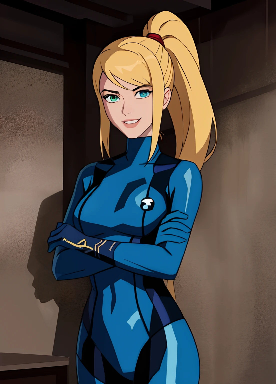 samus aran, ponytail, hair tie, blue gloves, ((blue bodysuit)), high heels (masterpiece, best quality:1.4), (modern days), (cowboy shot), 1girl, solo, pov, stunning girlfriend, (standing:1.1), elegant face, beautiful face, highly detailed face, highly detailed skin, medium breast, smug smile, looking at viewer,16k hdr, curvy, crossed arms, ben10af