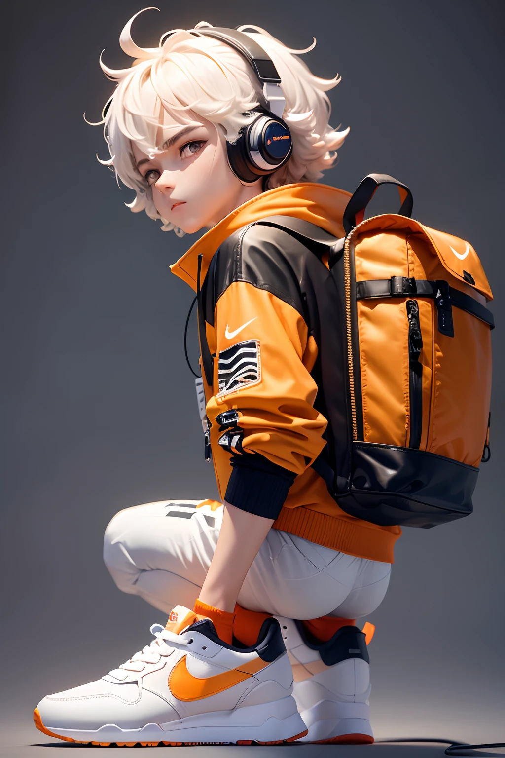 A handsome boy , MD clothing , trendy clothing . fluffy hair , exquisite facial features , Nike shoes , headphones , silver necklace , inflatable backpack , Orange series , clean background , front view , movie lighting , light and shade contrast , ip pop mart blind box ,3d,c4d, oc rendering , chibi , behance , ultra high definition , best quality ,8k-- ar 3:4-- niji 5-- style expressive