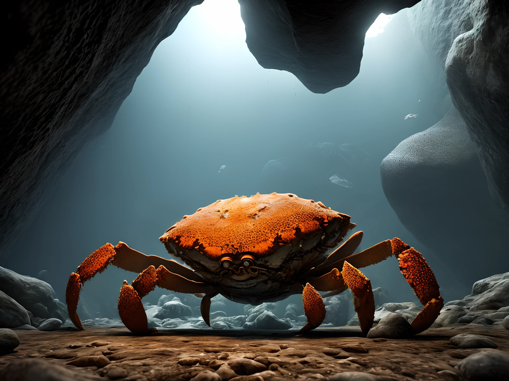 A giant crab beast in a dark cave, lit by a red spotlight, in 4K resolution with high detail. The crab beast has sharp claws and teeth, and its body is covered in thick scales. The cave is damp and dark, and the walls are covered in stalactites and stalagmites