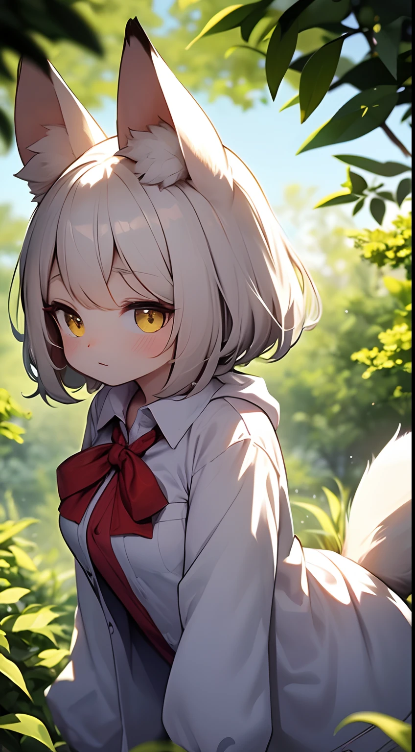 (Best Quality, high resolucion, Ultra-detailed:1.2), Cute fluffy loli, White long shirt, Raising the tail, White and yellow body, Orange Eyes, B Cup Breasts, collared, White fur, fluffy fur, Animal ears, Animal tails, natta, bottomless, woods, adorable face, Grab your breasts, Low Angle, , Bottom-to-top angle, You can see the inside of the shirt