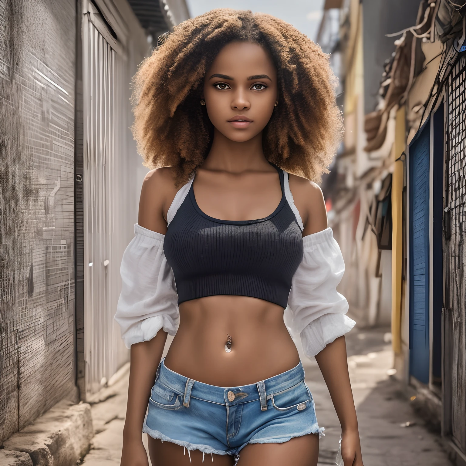 Black girl with afro, dressed in a loose-fitting hip-hop print T-shirt and tight shorts. She has a nice ass and is on her back 