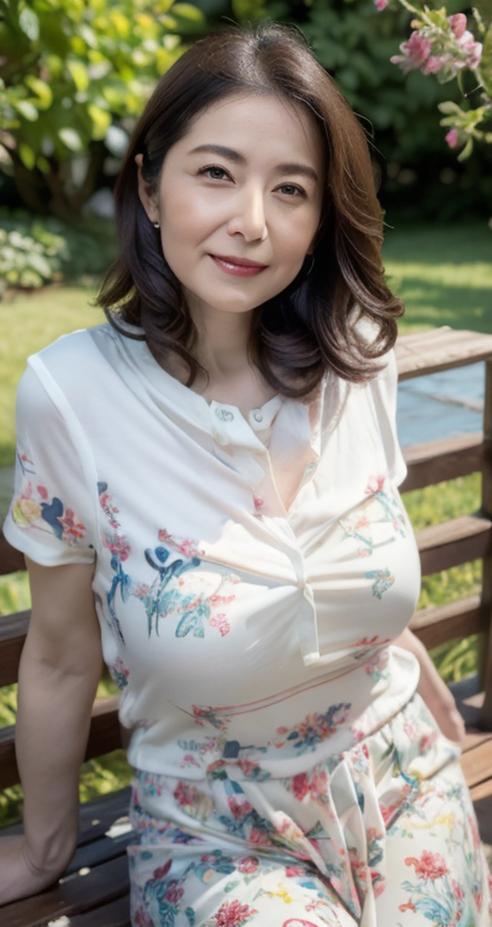 (8K, Best quality, Masterpiece:1.2), (Realistic, photo-realistic:1.37), (8K、RAW photography、Photorealsitic:1.3)、47-year-old mature woman sitting in the garden，The face is delicate，Elegant feminine，Happy and charming，The fabric of the shirt outlines the huge chest contour of her M cups，The clothes conform to her curves，