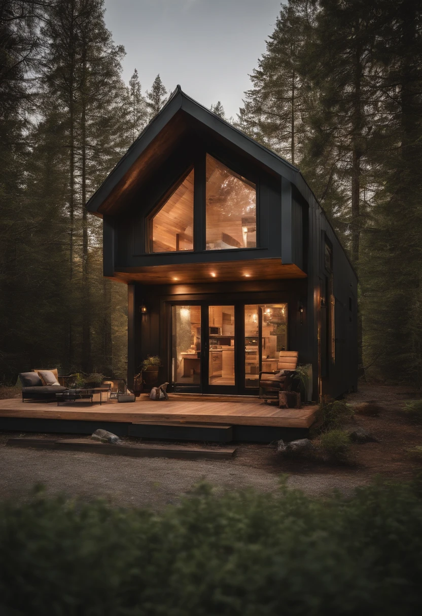 realistic image of a modern tiny house, set in a mostly wooded
