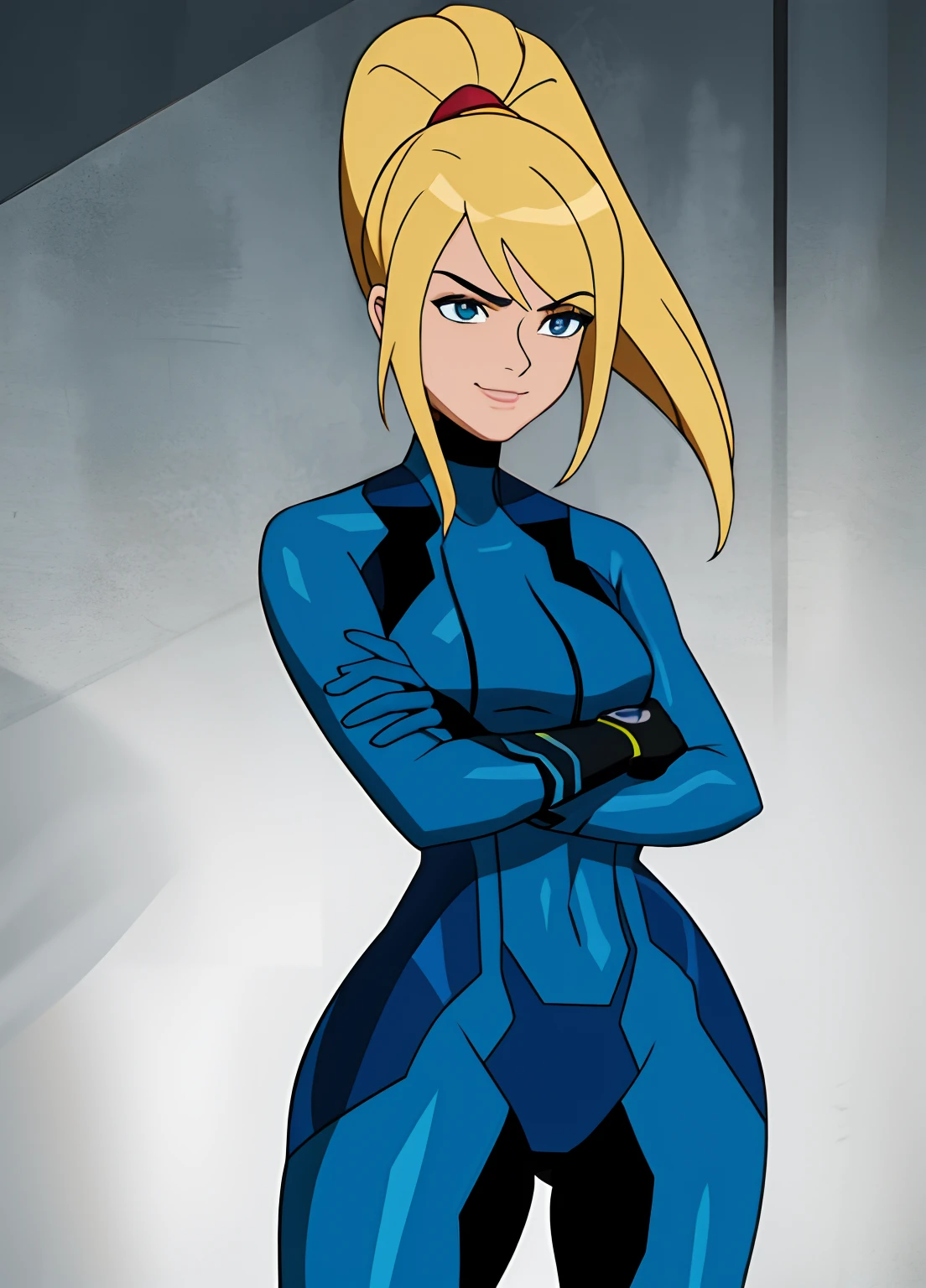 samus aran, ponytail, hair tie, blue gloves, ((blue bodysuit)), high heels (masterpiece, best quality:1.4), (modern days), (cowboy shot), 1girl, solo, pov, stunning girlfriend, (standing:1.1), elegant face, beautiful face, highly detailed face, highly detailed skin, medium breast, smug smile, looking at viewer,16k hdr, curvy, crossed arms, ben10af,wide hips