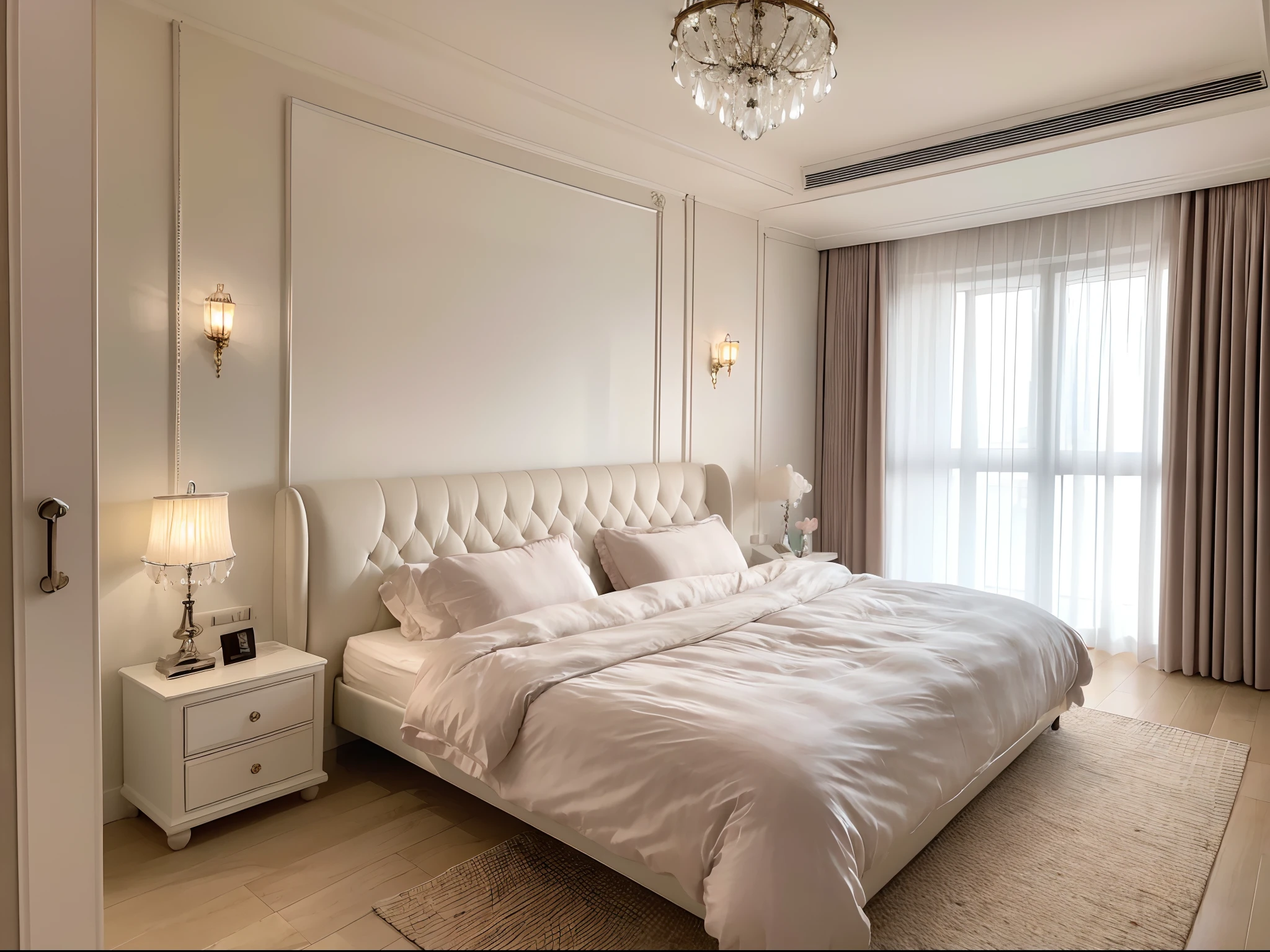 (ultra-detailed,highres,best quality:1.2),beautiful detailed eyes,beautiful detailed lips,beautiful detailed eyes and face,long eyelashes,luxurious crystal chandelier,red velvet bed,cotton candy pink silk sheets,romantic and noble,calm and delicate oil painting,beautiful dreamlike scene,stunning and mysterious atmosphere throughout the room