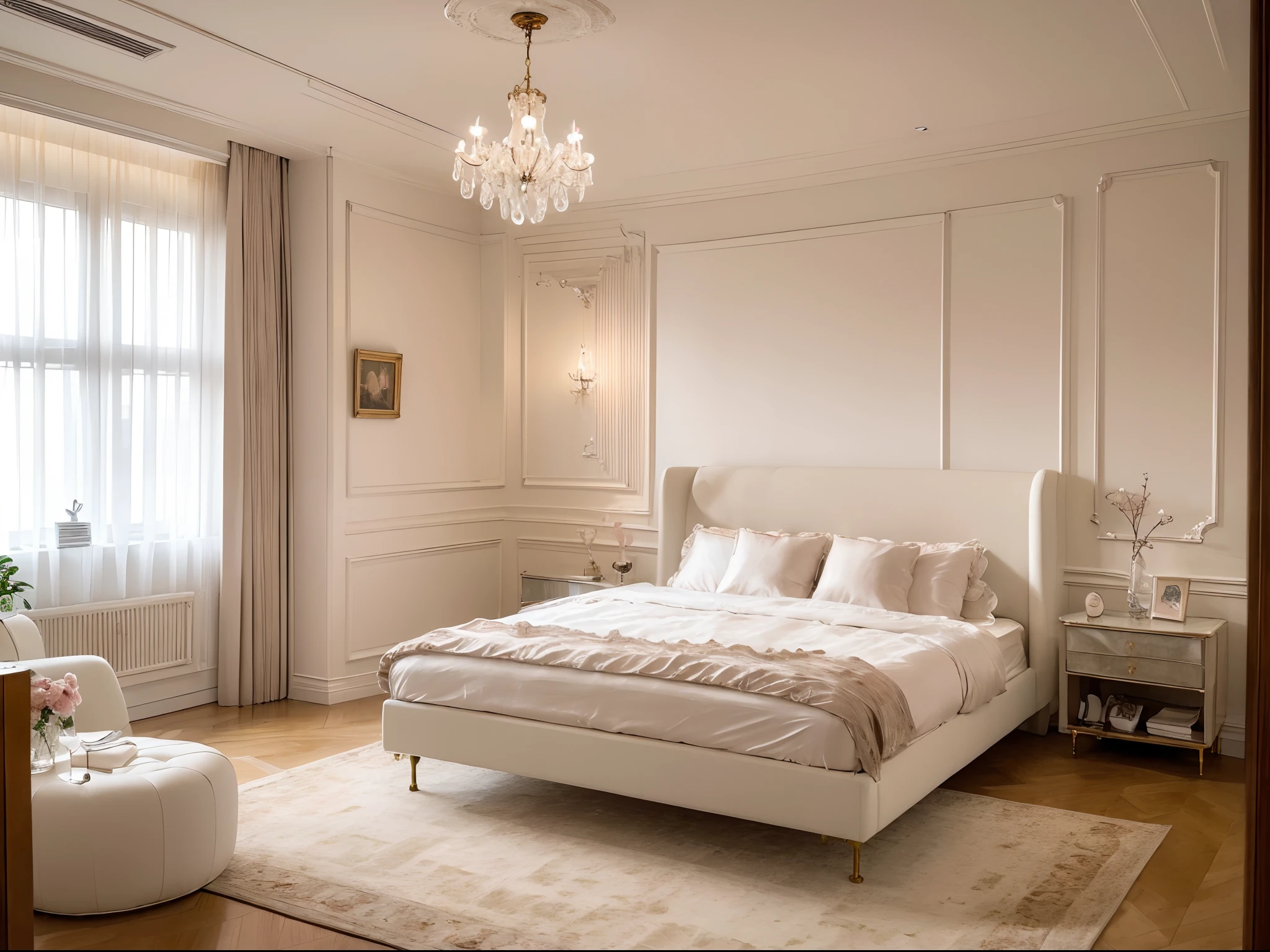 (ultra-detailed,highres,best quality:1.2),beautiful detailed eyes,beautiful detailed lips,beautiful detailed eyes and face,long eyelashes,luxurious crystal chandelier,red velvet bed,cotton candy pink silk sheets,romantic and noble,calm and delicate oil painting,beautiful dreamlike scene,stunning and mysterious atmosphere throughout the room