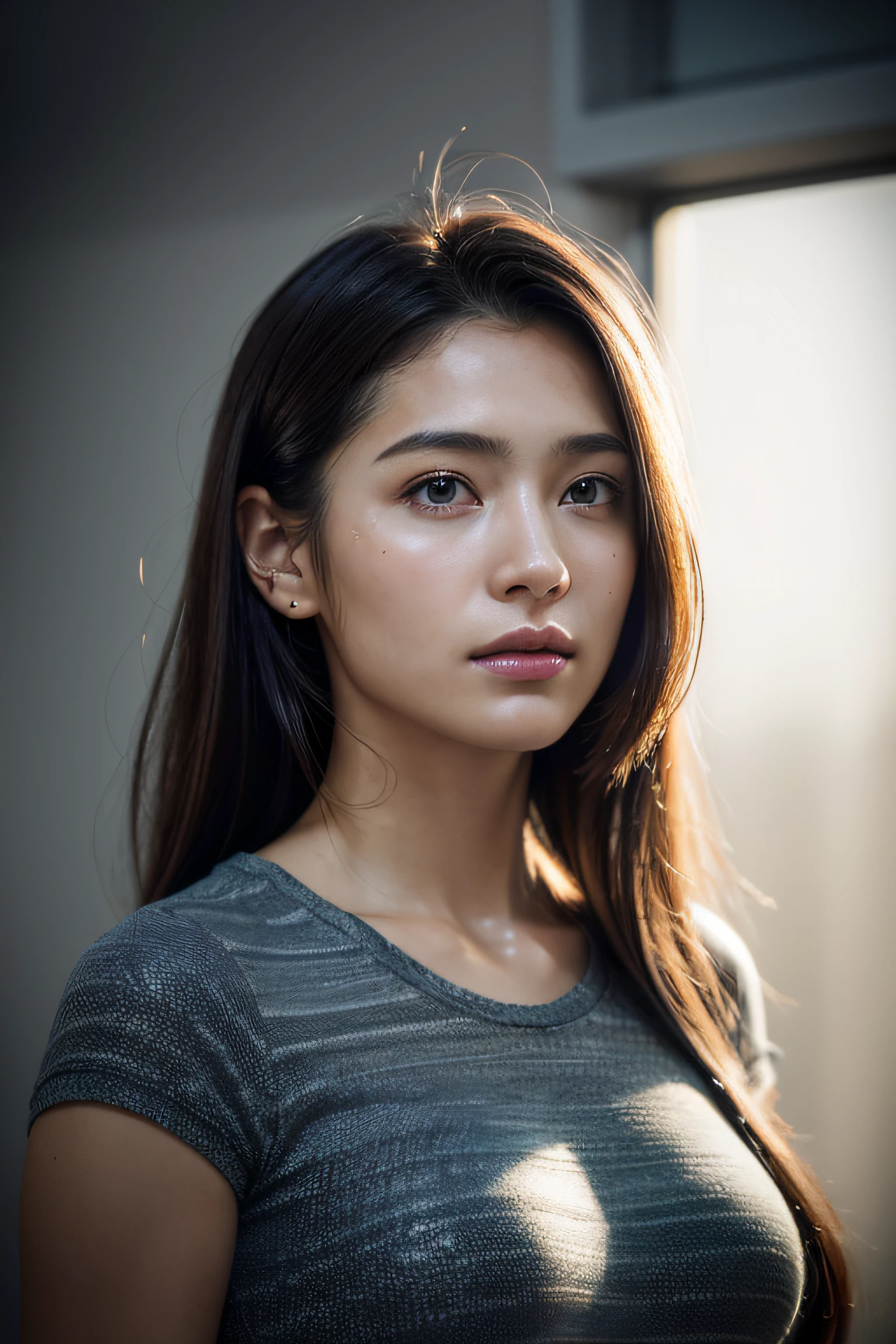 dressed, (photo realistic:1.4), (hyper realistic:1.4), (realistic:1.3), (smoother lighting:1.05), (increase cinematic lighting quality:0.9), 32K, 1girl,20yo girl, realistic lighting, backlighting, light on face, ray trace, (brightening light:1.2), (Increase quality:1.4), (best quality real texture skin:1.4), finely detailed eyes, finely detailed face, finely quality eyes, (tired and sleepy and satisfied:0.0), face closeup, t-shirts, (Increase body line mood:1.1), (Increase skin texture beauty:1.1)