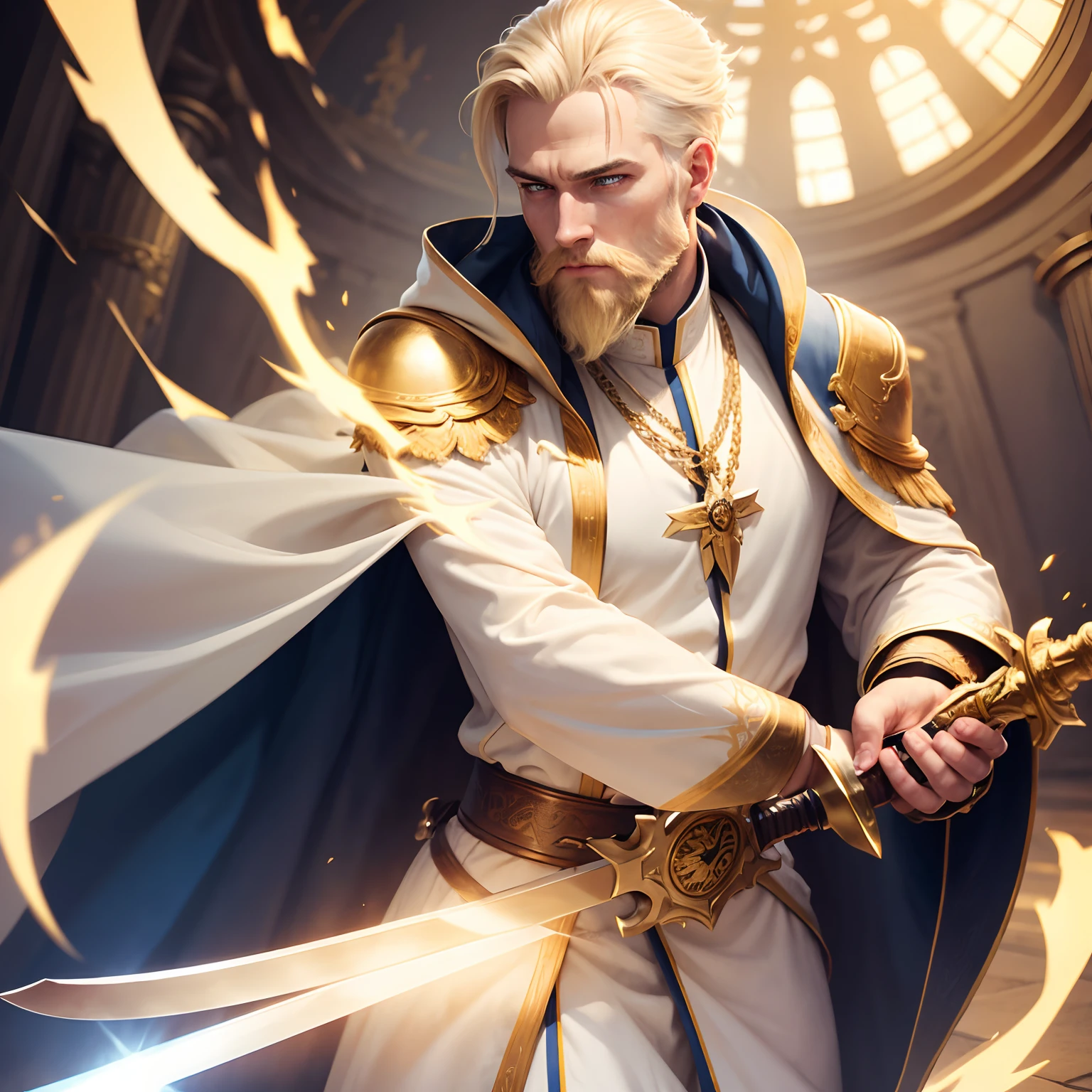 german man, blonde hair, blonde beard, blue eyes, gold amd white pastor robes, wielding a golden sword, short hair, calm look, holy