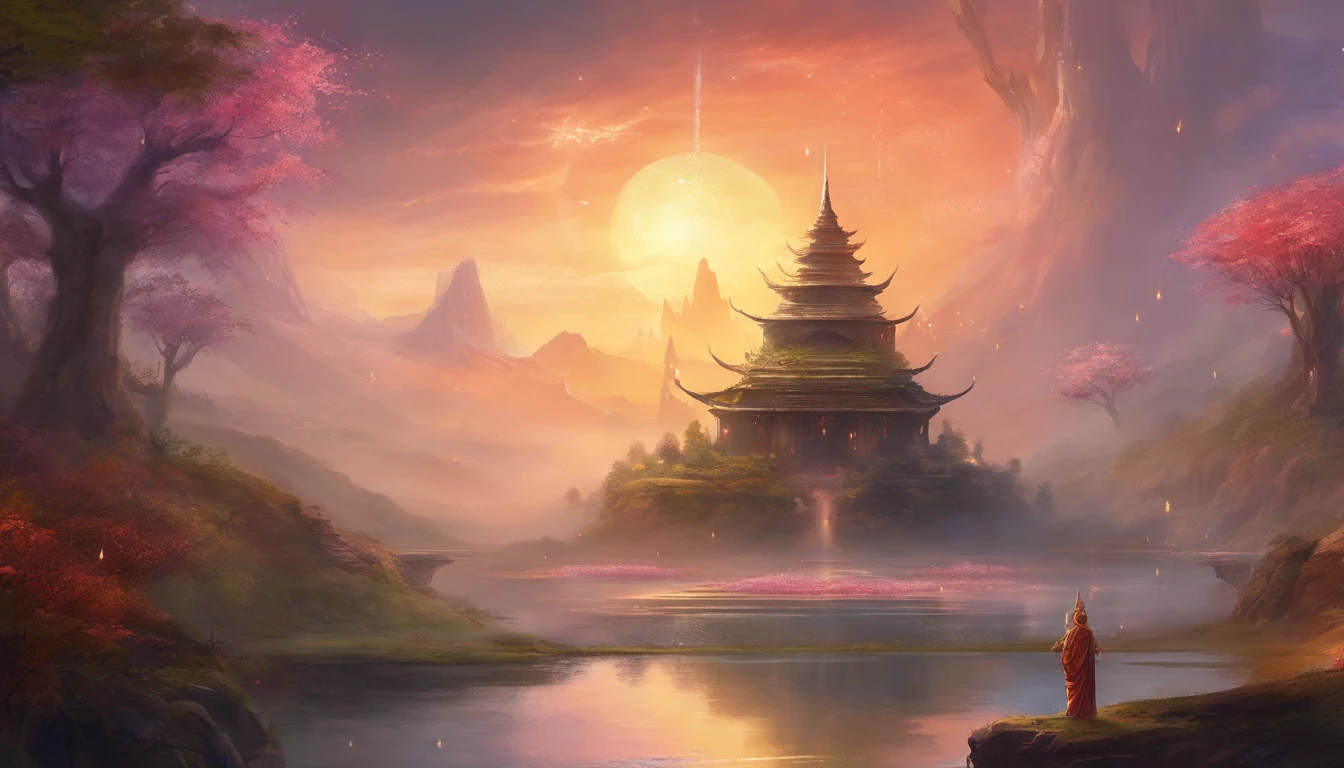 It depicts an ancient spiritual Buddhist setting where delicate buds are damaged by sudden hail and rain